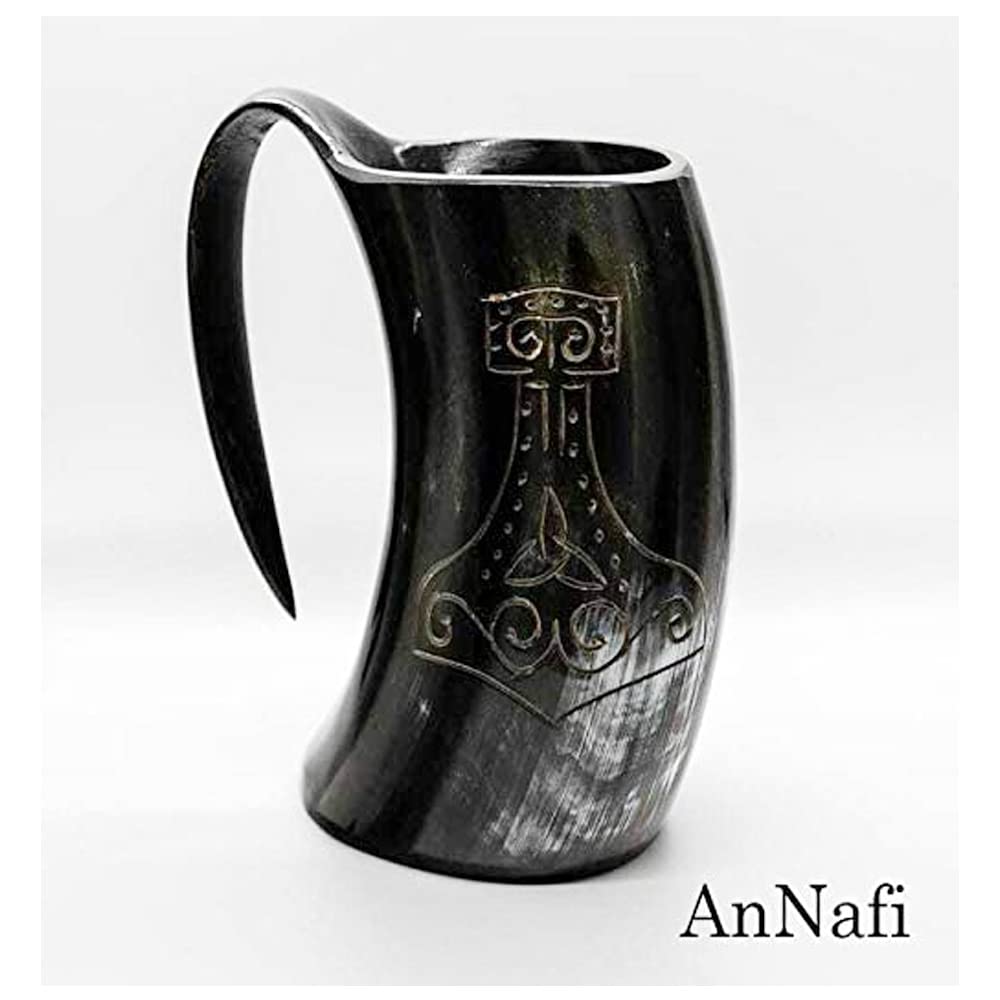 AnNafi® Authentic Viking Drinking Horn Set of 4 - Handcrafted Natural Horn Tankards for Beer, Wine & Mead - Game of Thrones Inspired Collection with Thor's Hammer Design - Perfect for Medieval Parties, Viking Themed Events & Home Decor