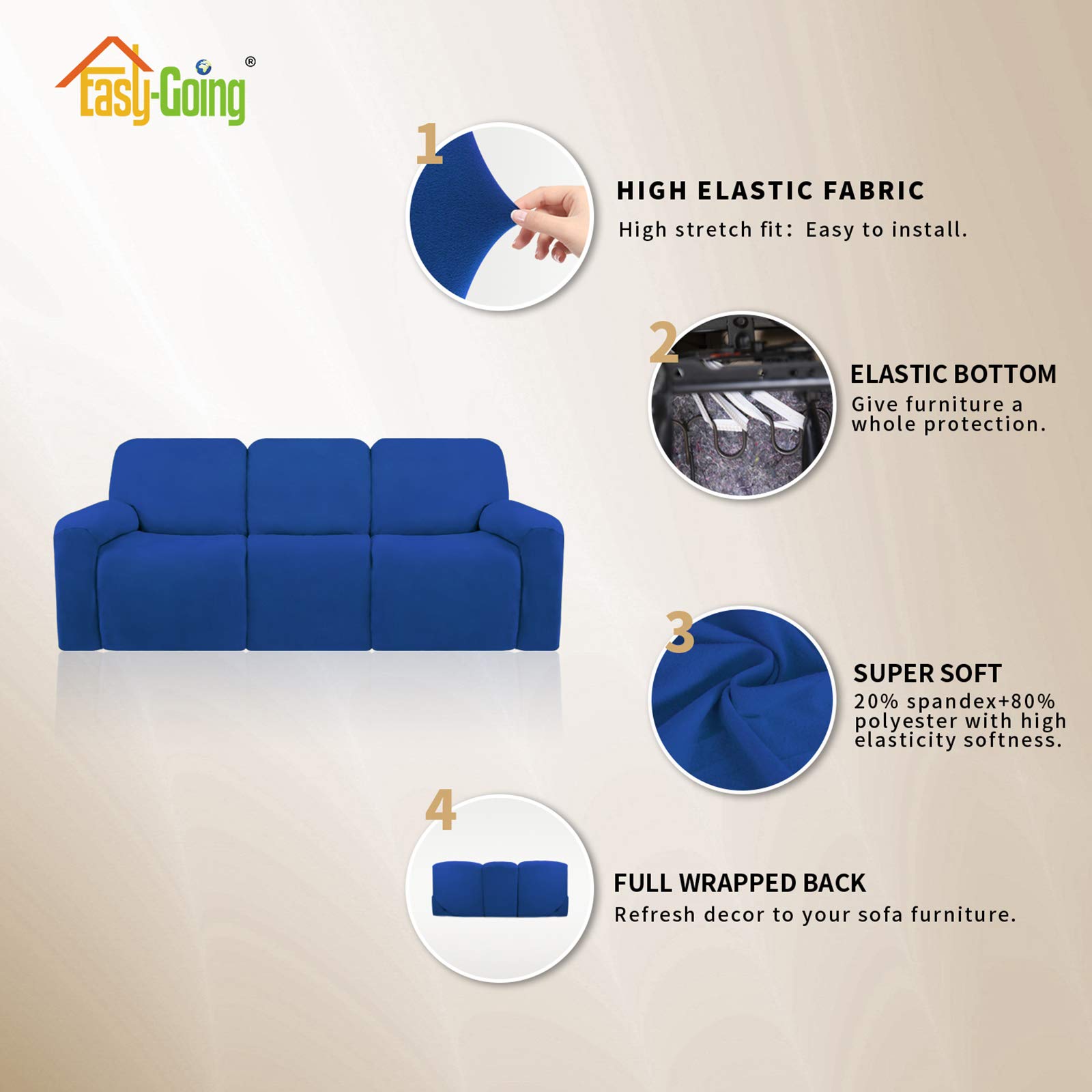 8-Piece Microfiber Stretch Sectional Recliner Sofa Slipcover - Soft Fitted Fleece 3-Seat Couch Cover - Washable Furniture Protector with Elasticity for Kids & Pets (Classic Blue) - Perfect for Living Room, Family Room & Home Theater Comfort