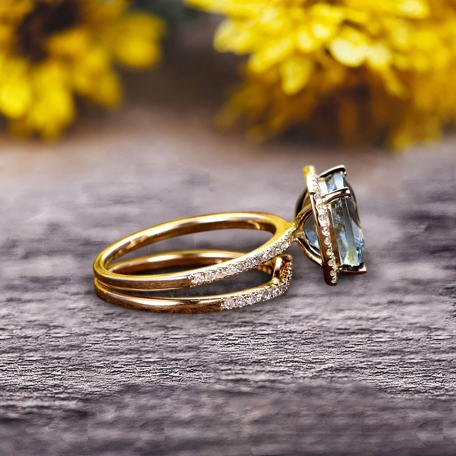 1.75 Carat Cushion Cut Aquamarine Engagement Ring & Matching Band Set in 10k Rose Gold Halo Design - Perfect for Proposals, Anniversaries & Special Occasions