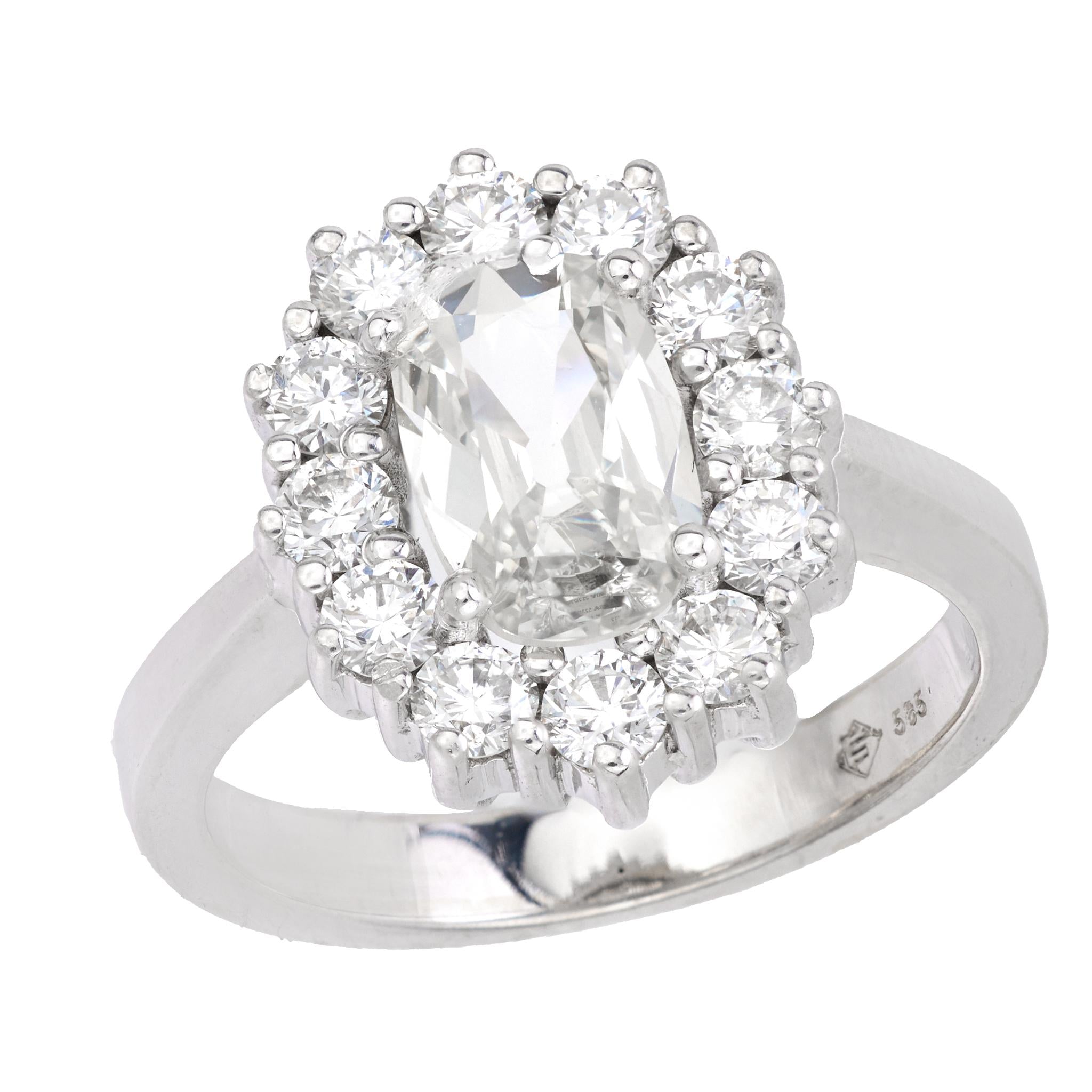 Vintage GIA Certified Elongated Old Mine Cut Diamond 14K White Gold Cluster Ring - Perfect for Engagement, Wedding & Anniversary Gifts