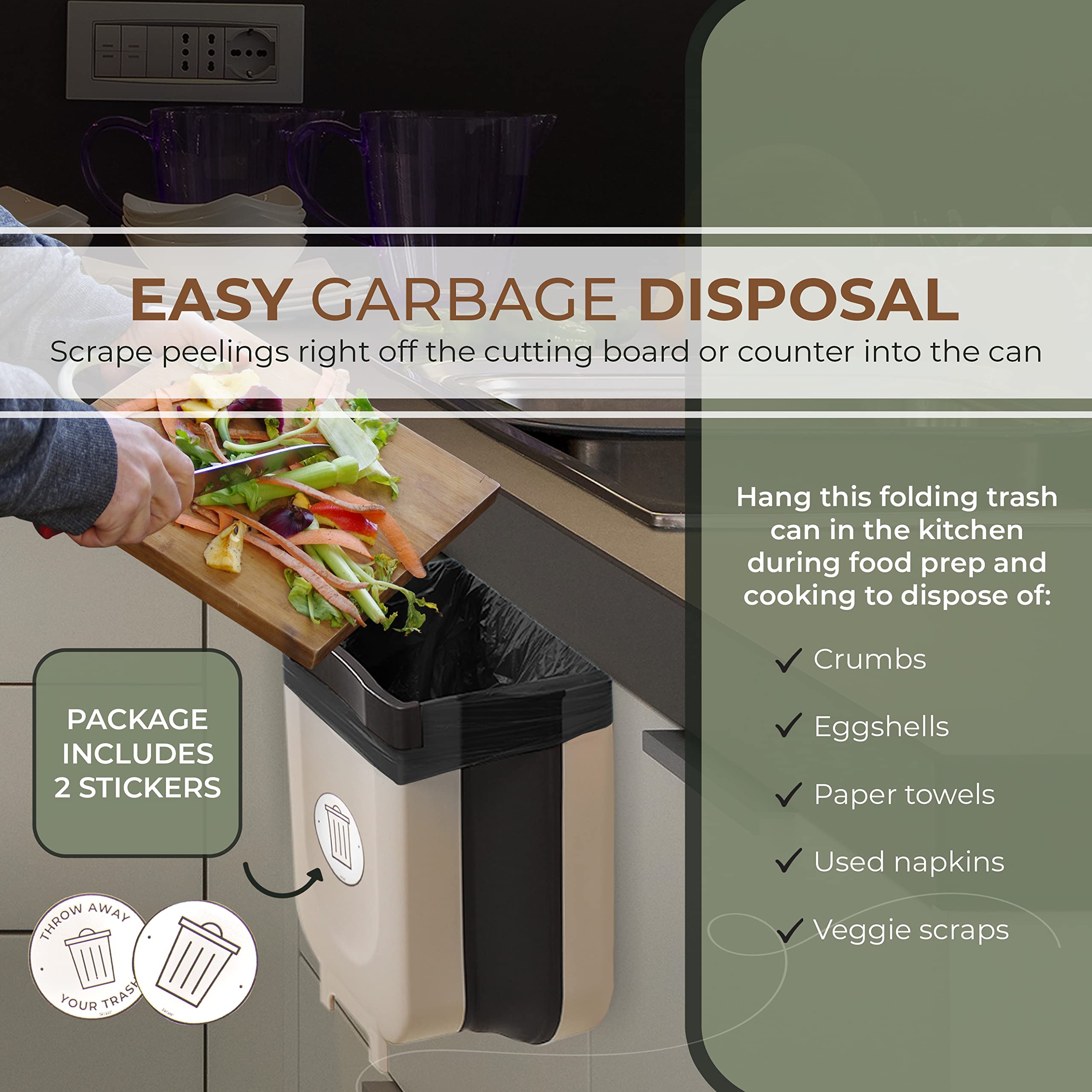 Foldable Hanging Trash Can - 2.4 Gallon Collapsible Garbage Bin for Kitchen Cabinet Door, Car Front Seat & Under Sink - Space-Saving Pull-Out Waste Basket for Home, Office & Travel Use