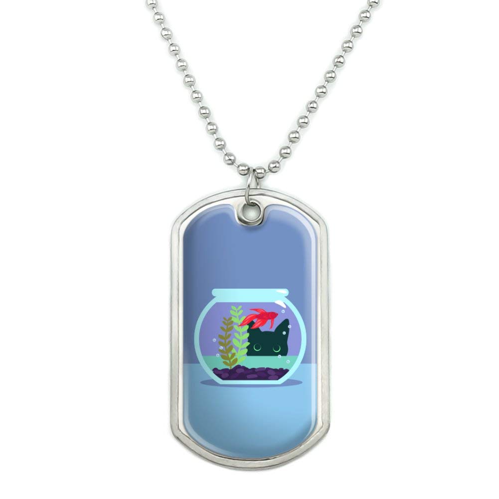 Black Cat Staring at Betta Fish Bowl Military Dog Tag Pendant Necklace with Chain - Unique Gothic Jewelry for Women & Men - Perfect for Halloween, Cosplay, and Alternative Fashion Lovers