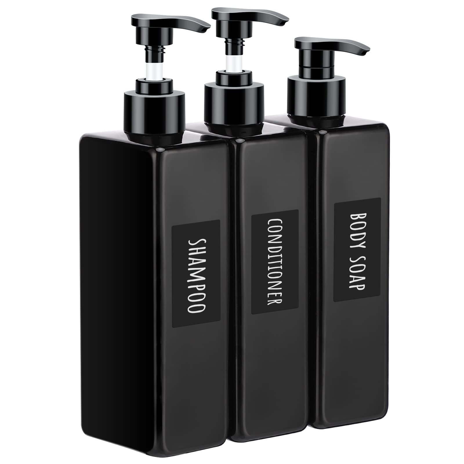Segbeauty Refillable Shower Dispenser Set - 3 Pack 16.9oz (500ml) Empty Plastic Pump Bottles with Labels for Bathroom, Reusable Soap Dispensers for Body Wash, Shampoo, Conditioner & Lotion - Perfect for Home, Gym, Travel & Hotel Use - Black
