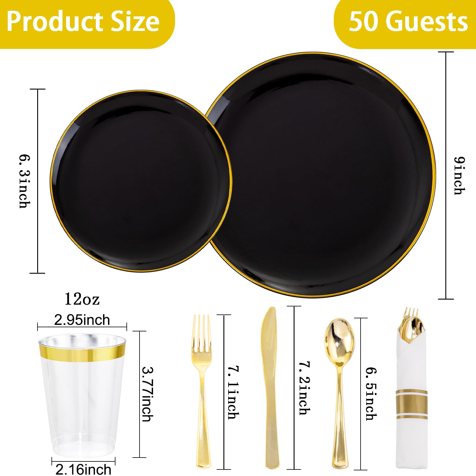350-Piece Black & Gold Plastic Dinnerware Set for 50 Guests - Includes 50 Dinner Plates, Dessert Plates, Cups & Silverware - Elegant Disposable Tableware for Weddings, Parties & New Year Celebrations