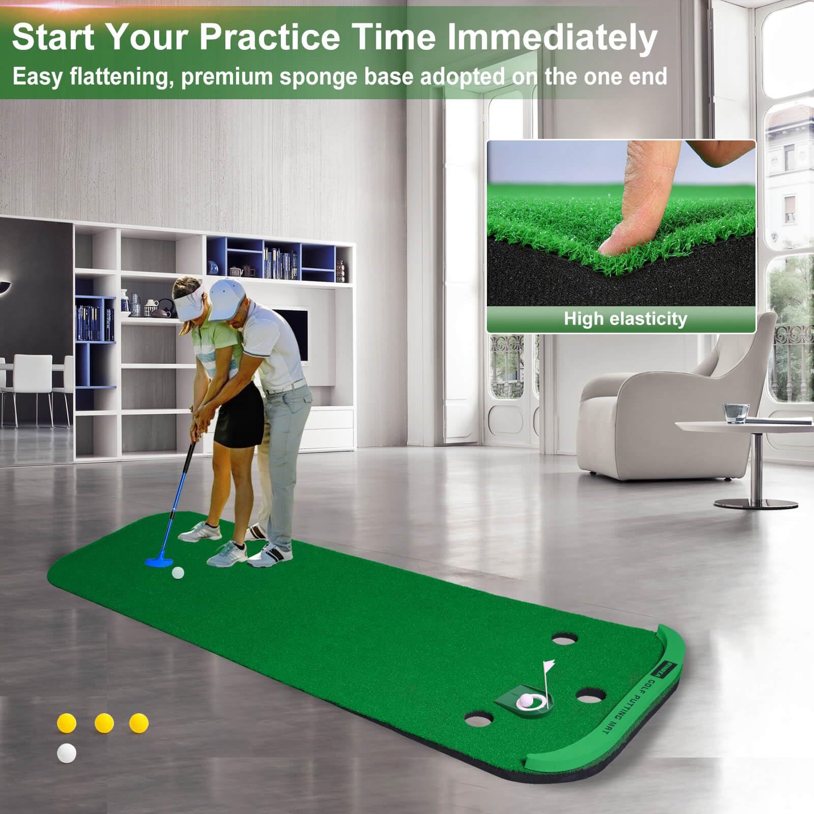 Premium Golf Putting Mat for Indoor & Outdoor Practice - Includes 1 Putter, 6 Golf Balls, Movable Cup & Border - Perfect for Home, Office & Backyard Training