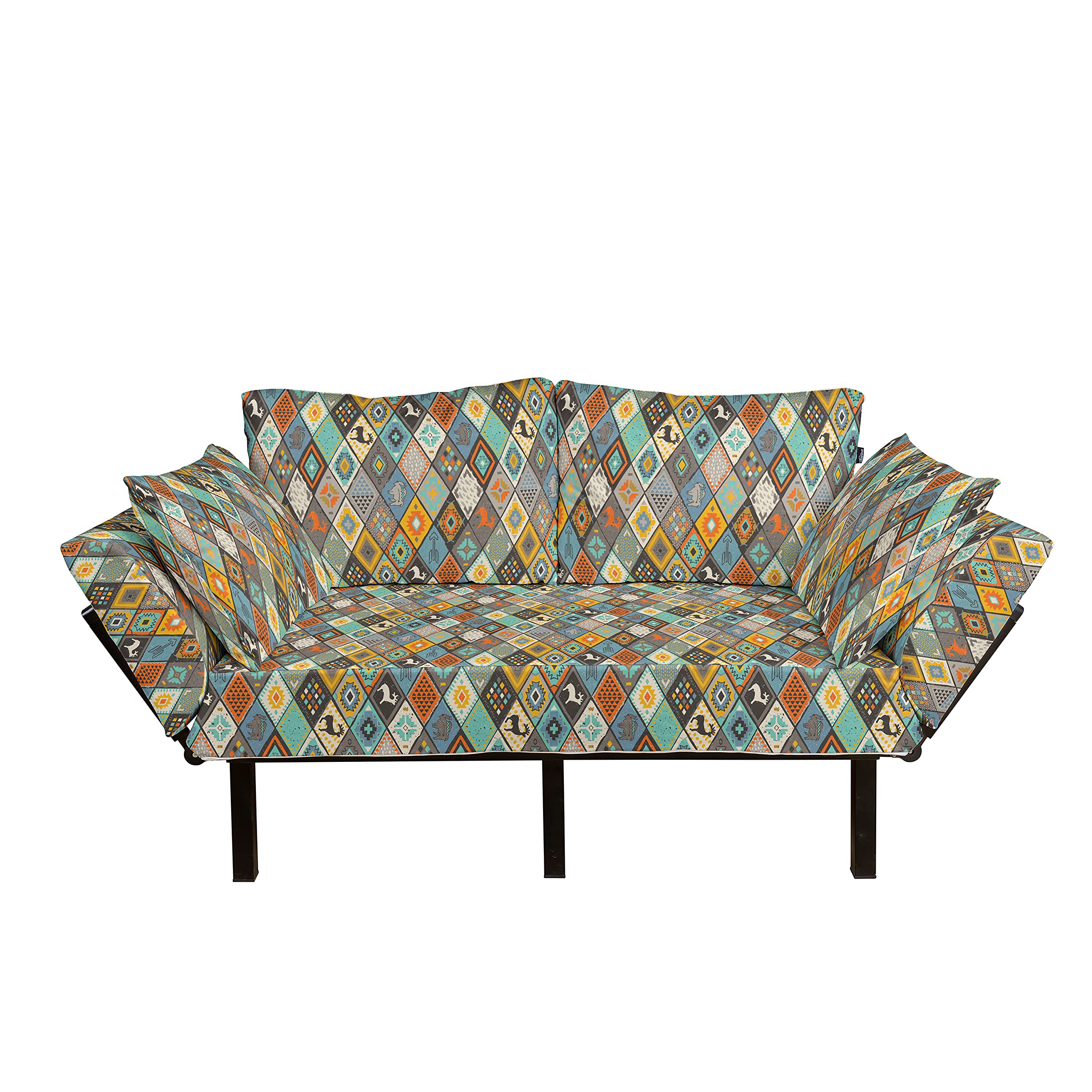 Ambesonne Tribal Futon Couch with Prehistoric Elk & Bull Motifs - Upholstered Metal Frame Daybed Sofa for Living Room, Dorm, Loveseat - Multicolor Folk Mosaic Design | Perfect for Small Spaces, Guest Rooms & Bohemian Decor