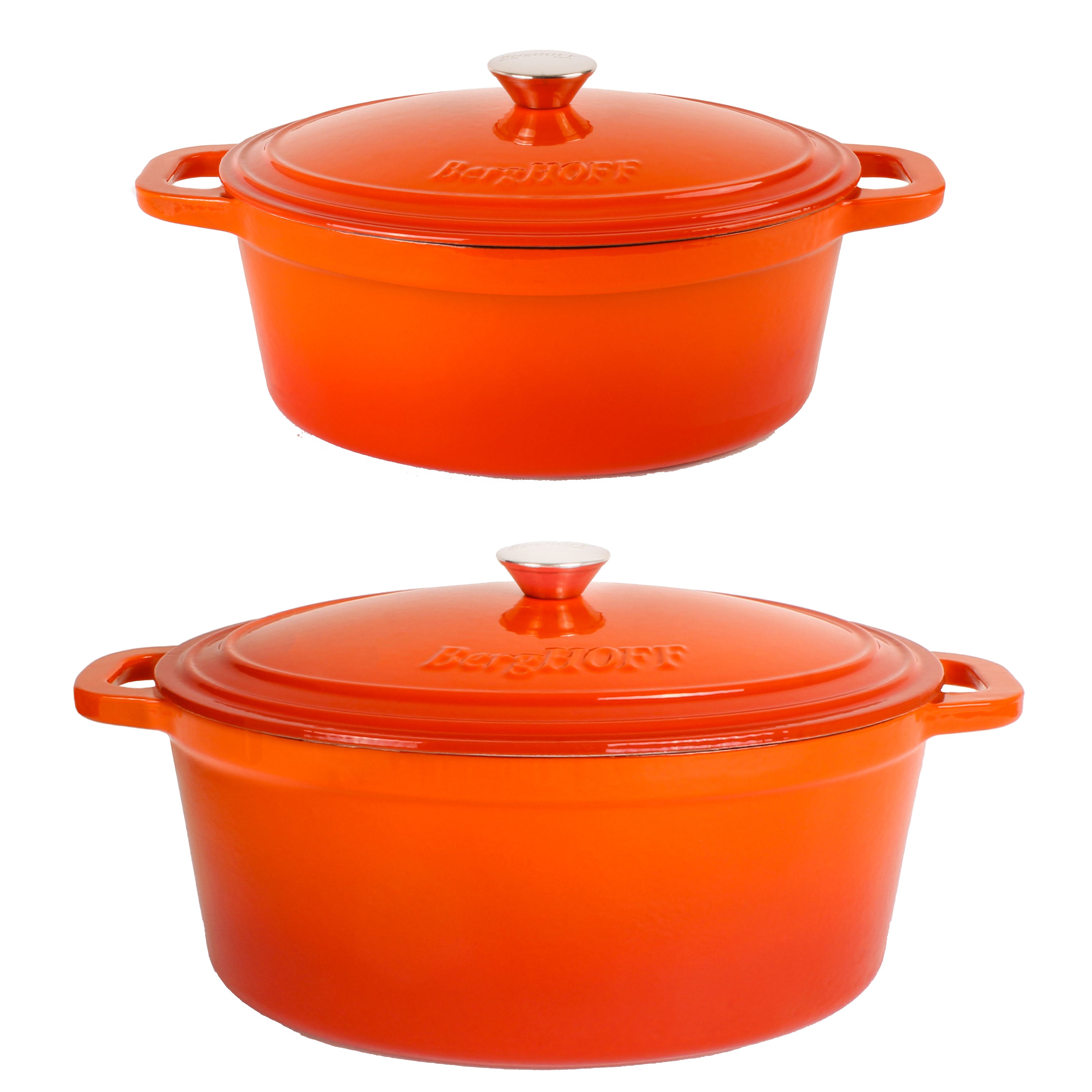 BergHOFF Neo 4-Piece Cast Iron Cookware Set with 5qt Dutch Oven & 8qt Skillet - Orange Enameled Cookware for Stovetop, Oven & Camping - Perfect for Braising, Frying & Slow Cooking