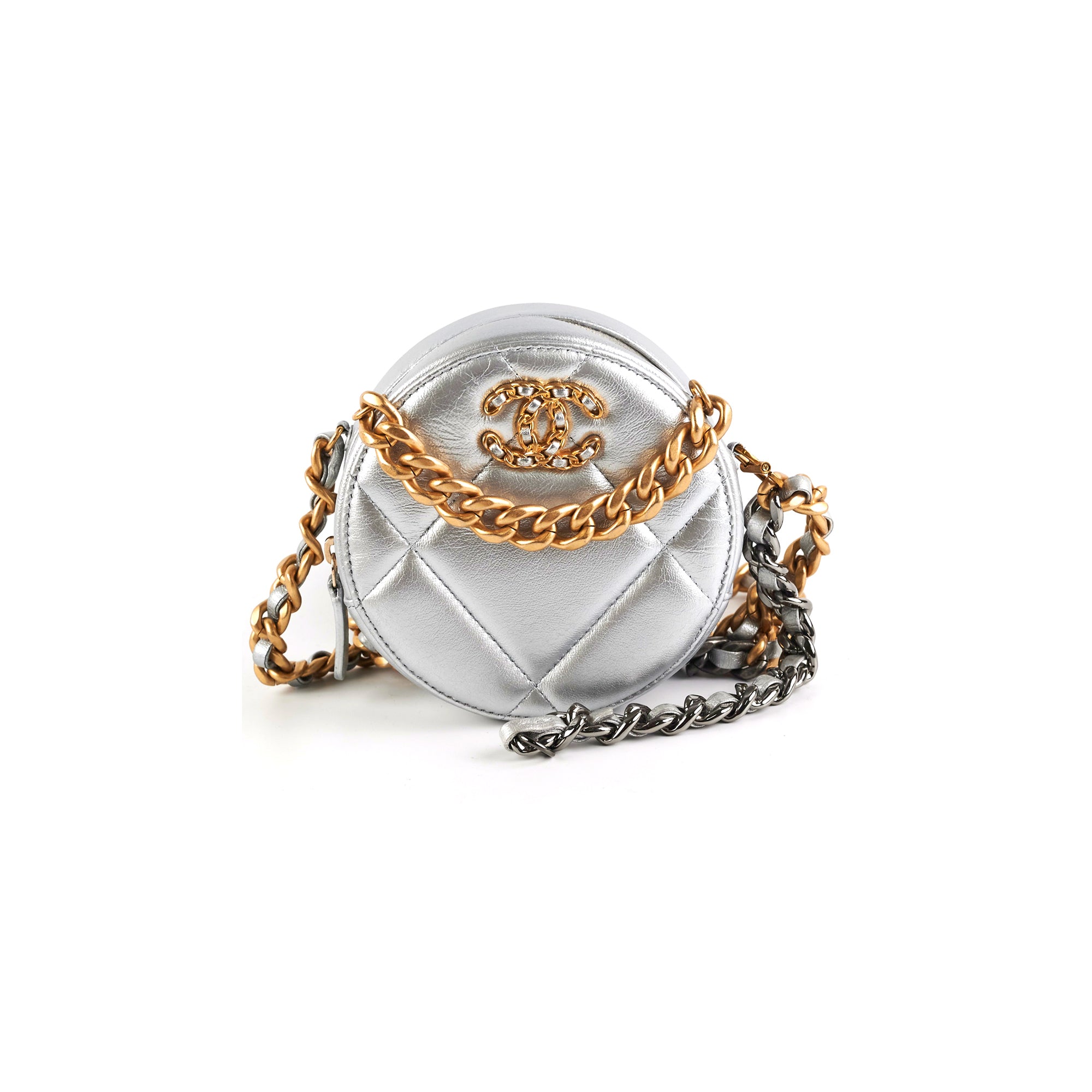 Chanel 19 Round Clutch Bag in Metallic Silver - Luxury Designer Handbag for Women | Perfect for Evening Parties, Weddings & Special Occasions