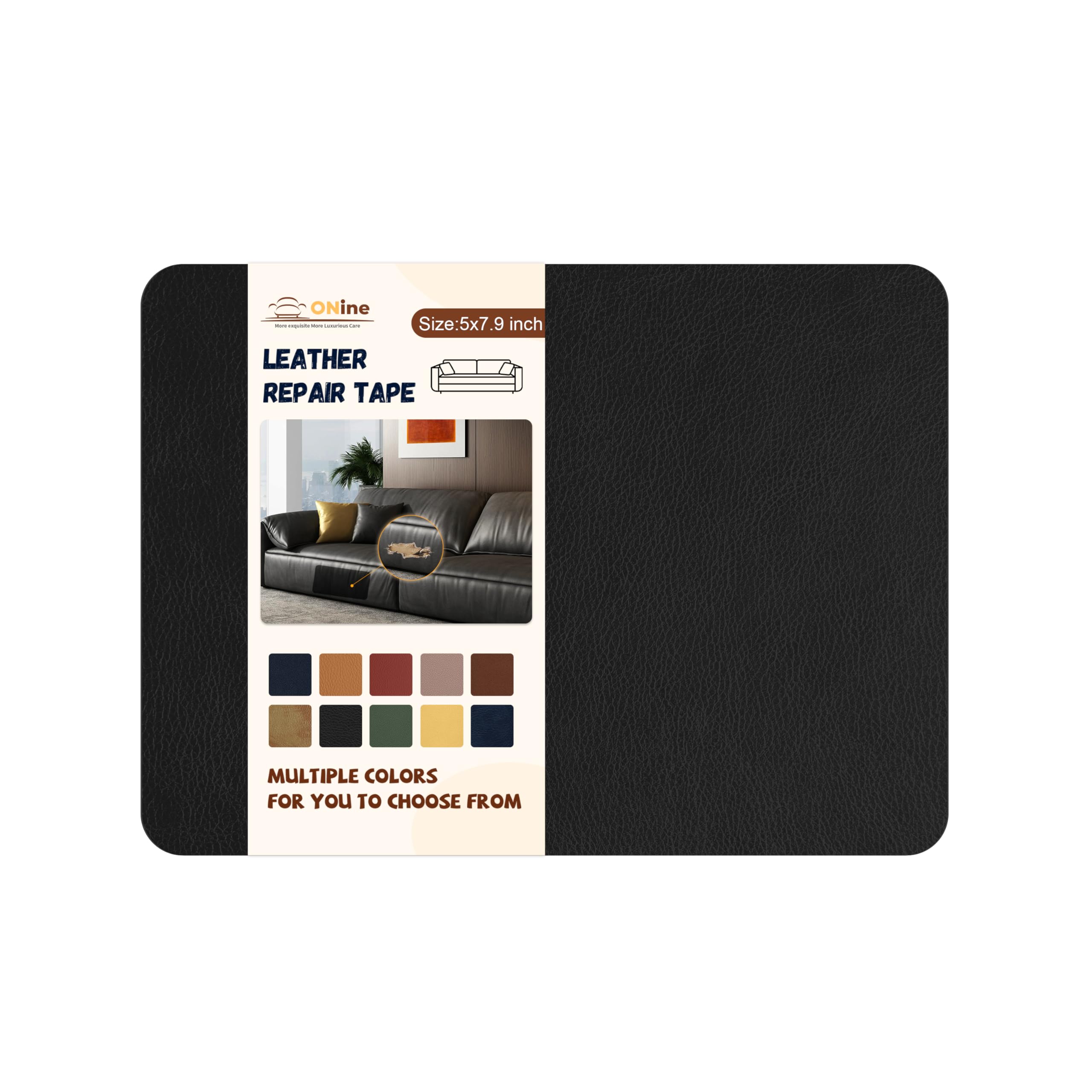 ONine Leather Repair Patch - Self-Adhesive Couch Patch (5X7.9 Inch) for Sofas, Car Seats, Handbags & Jackets - Scratch Repair Kit - Multicolor Options - Ink Black - Easy Peel & Stick Application - Perfect for Home, Office & Vehicle Interior Repairs