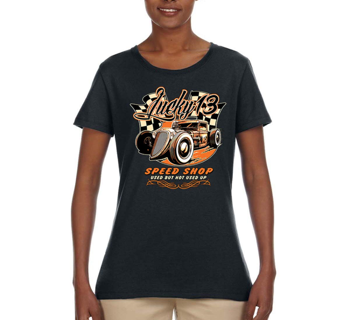 Lucky 13 Speed Shop Vintage Cars & Trucks Graphic T-Shirt for Women - Retro Automotive Tee for Casual Wear & Car Enthusiasts