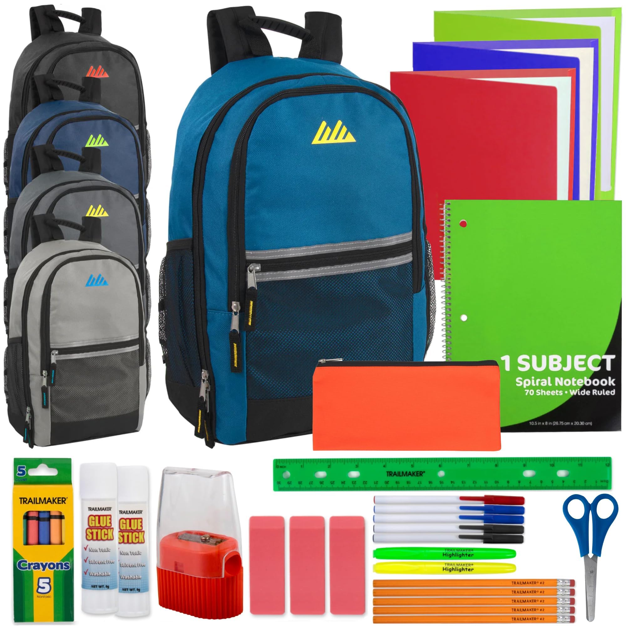 12 Pack 18 Inch Bulk Backpacks with Stationery Supplies - Preassembled Backpacks with Essential Office Supply Kit (Male Assortment) - Perfect for School, Work, Travel & Gifts
