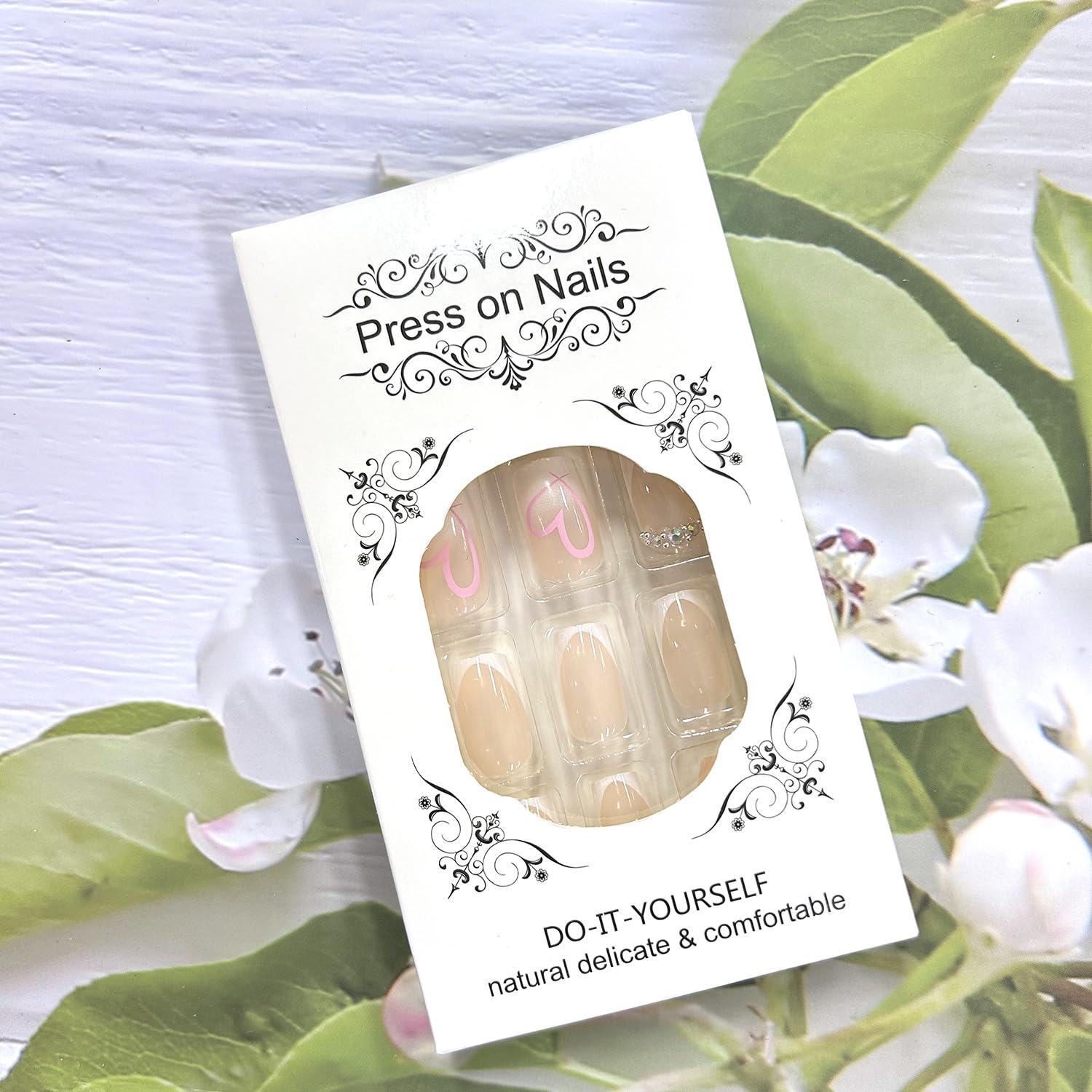 Valentine's Press on Nails - 24Pcs White French Tip Heart Design Medium Square False Nails with Rhinestones | Full Cover Glossy Acrylic Coffin Nails for Women | Perfect for Date Night, Wedding, Anniversary & Romantic Occasions