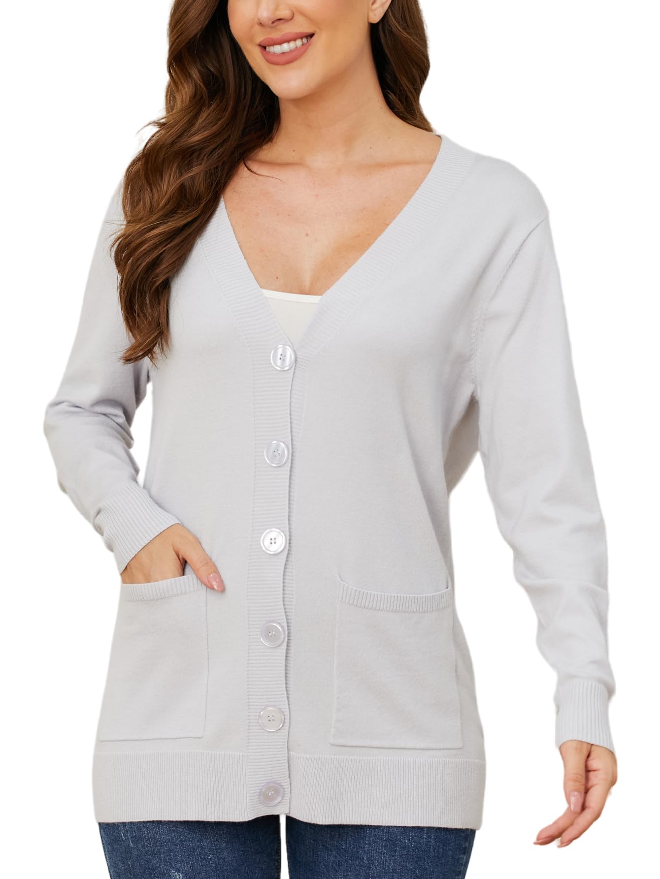 Lightweight V-Neck Button Down Cardigan Sweater for Women - Classic Long Sleeve Knit Cardigan | Perfect for Office, Casual Outfits & Layering in Fall/Winter