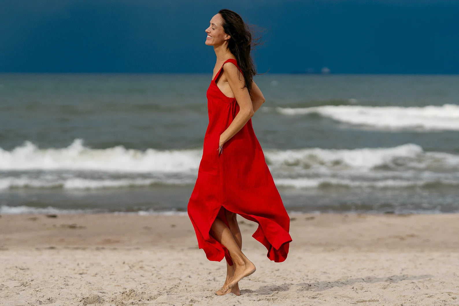 ADELE Linen Strap MAXI Dress in Red - Flowy Summer Dress for Beach, Vacation & Casual Outings