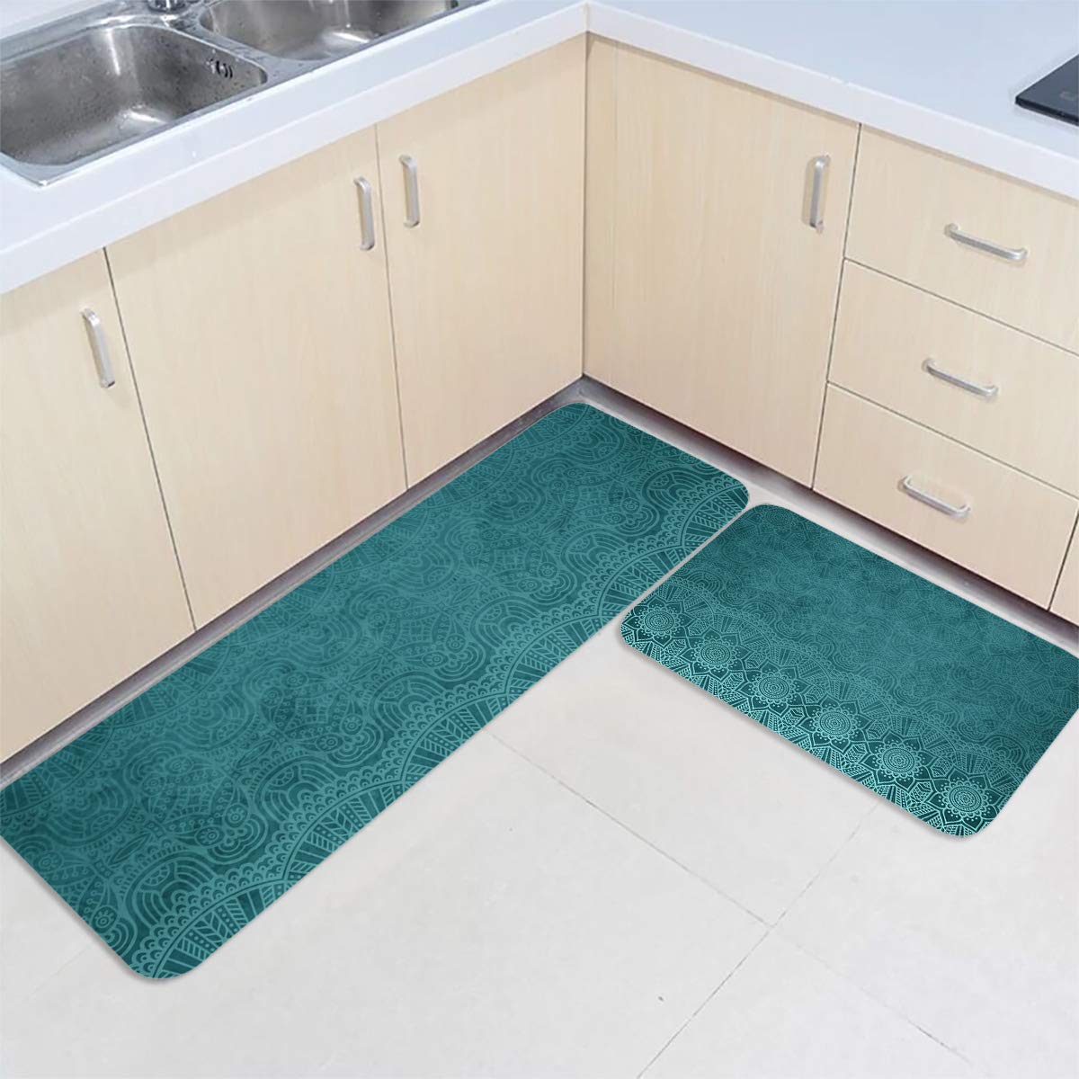2-Pack Anti-Fatigue Kitchen Mats - Non-Slip Bohemian Mandala Design Rugs for Kitchen, Sink, Laundry & Home Office - Teal Floor Mat Set for Comfort & Style
