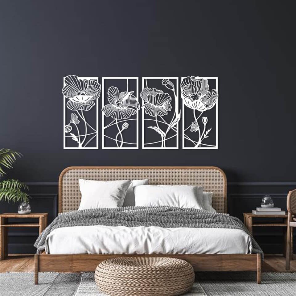 4 Piece Flower Metal Wall Art Set - Boho Modern Floral Decor for Living Room & Kitchen - 70.9