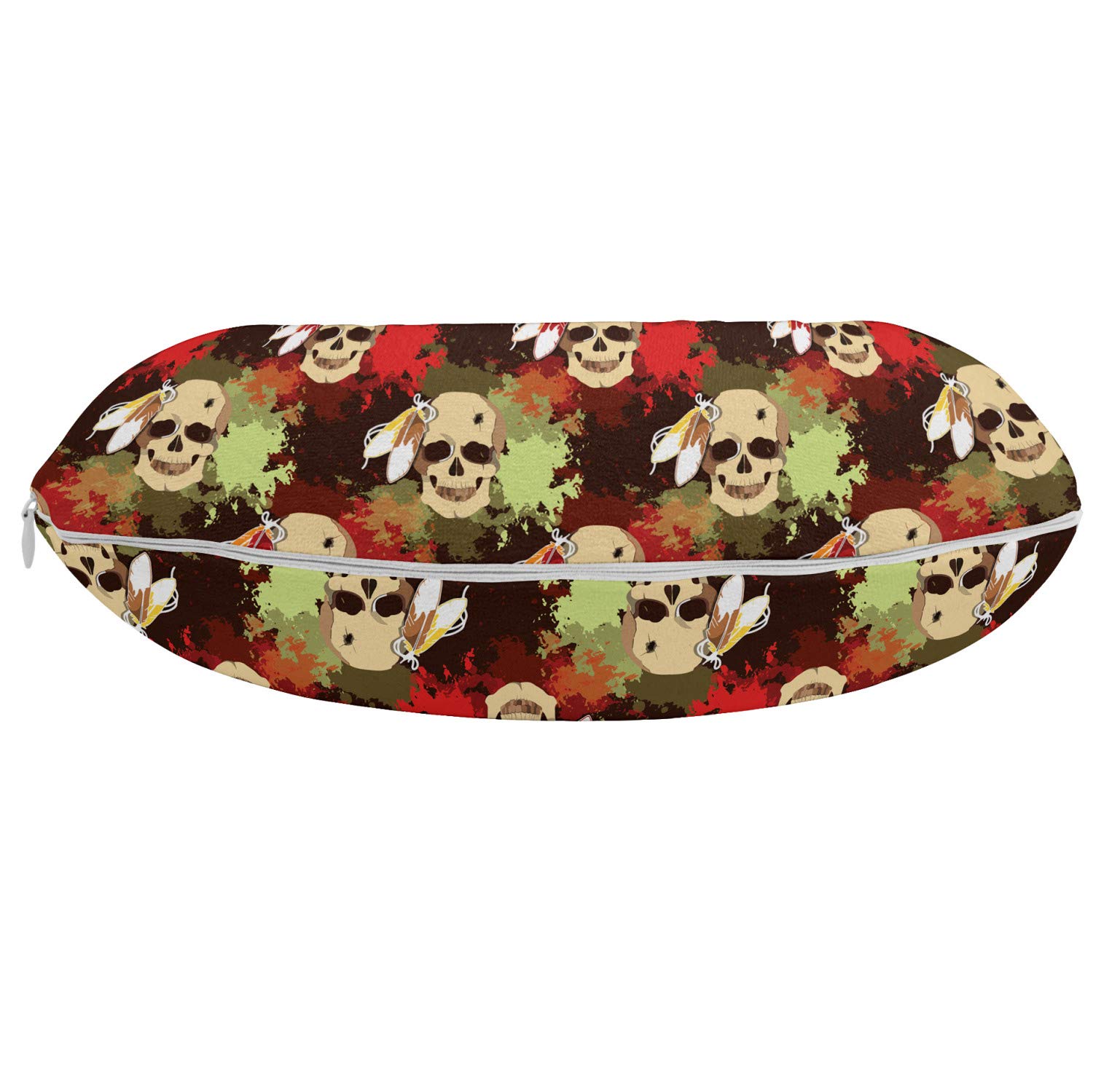 Ambesonne Memory Foam Travel Pillow - Skull with Feathers Tribal Design, 12 Inch Neck Rest for Airplane, Car & Office - Pistachio Green Cream - Perfect for Long Flights, Road Trips & Nap Breaks
