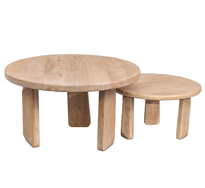 Corsica Round Solid Wood Coffee Table Set of 2 - Natural Wooden Nesting Center Tables for Living Room, Lounge & Home Decor - Perfect for Small Spaces & Modern Interiors