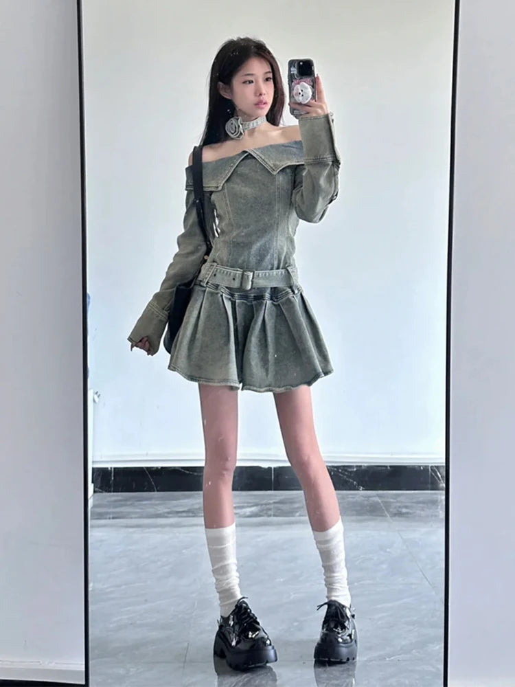 Vintage Chic Slash Neck Long Sleeve Mini Denim Dress for Women - Washed Casual Spring Fashion - Perfect for Date Night, Brunch & Weekend Outings