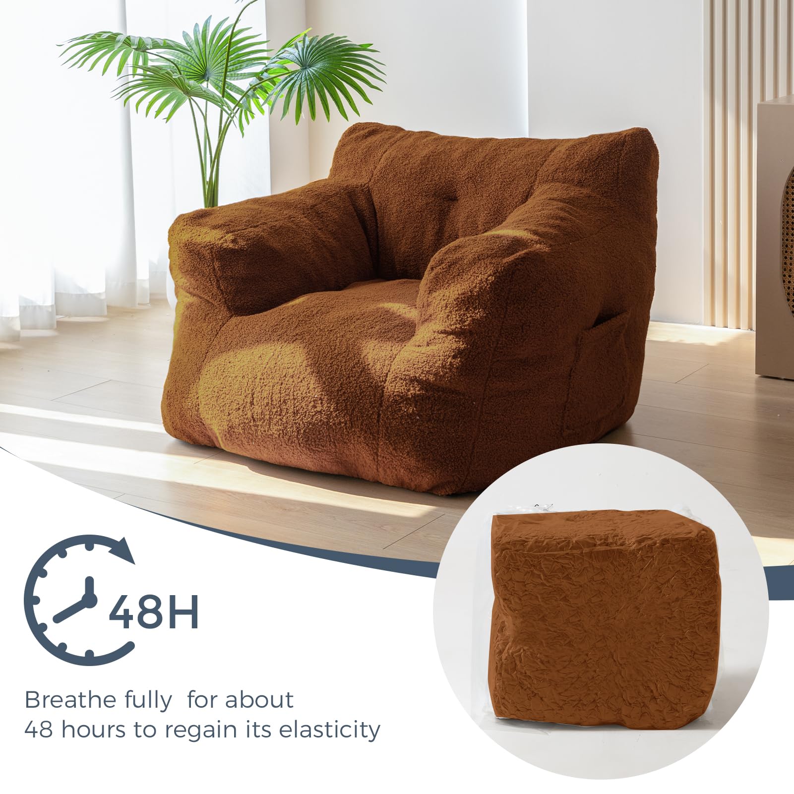 MAXYOYO Sherpa Bean Bag Chair - Boucle Tufted Oversized Bean Bag Sofa for Adults & Kids, Dark Coffee - Cozy Living Room Seating, Game Room Furniture, Dorm Lounge Chair