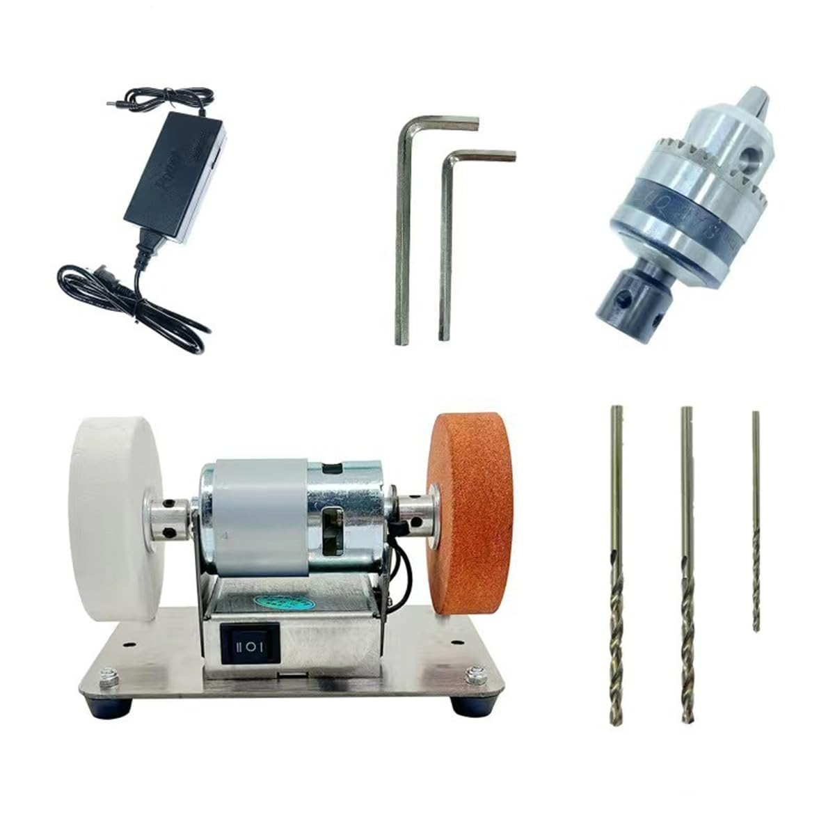 120W 7-Speed Adjustable Bench Grinder & Polisher with 4-Inch Wheels - Double Sander & Drill Chuck Set Included - Perfect for Metal Sharpening, Woodworking, and DIY Projects