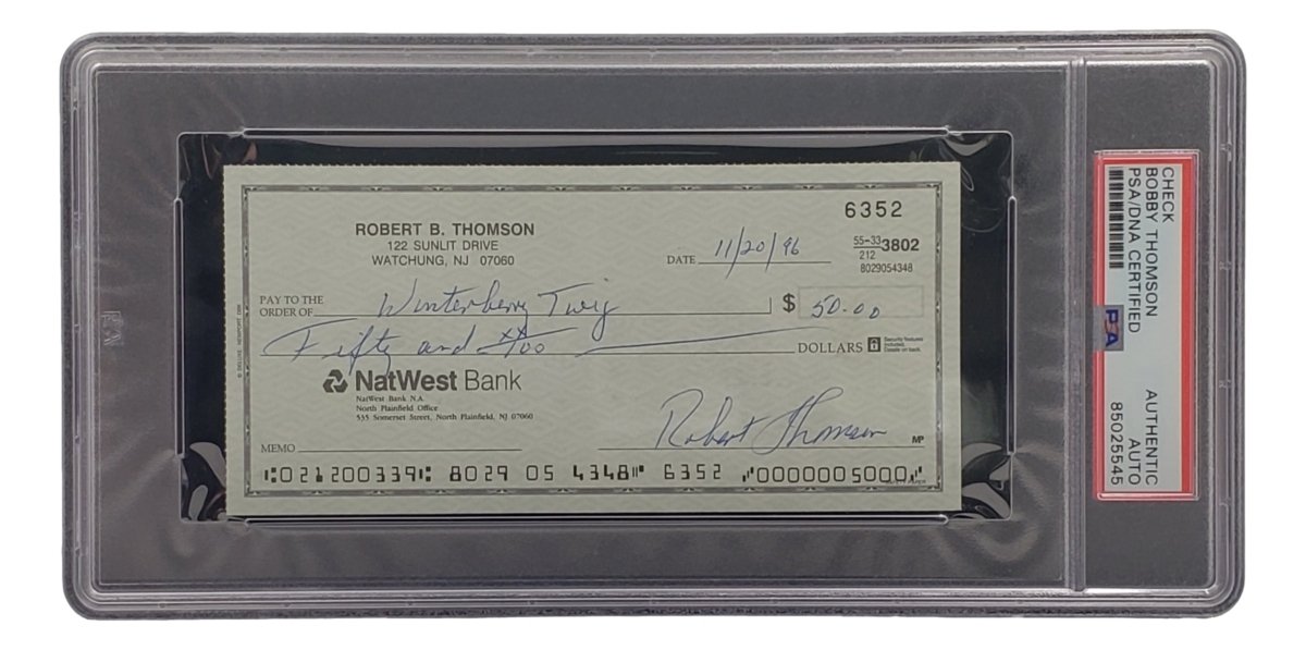 Authentic Bobby Thomson New York Giants Signed Bank Check with PSA/DNA Certification 85025545 - Perfect for Sports Memorabilia Collectors and Baseball Fans