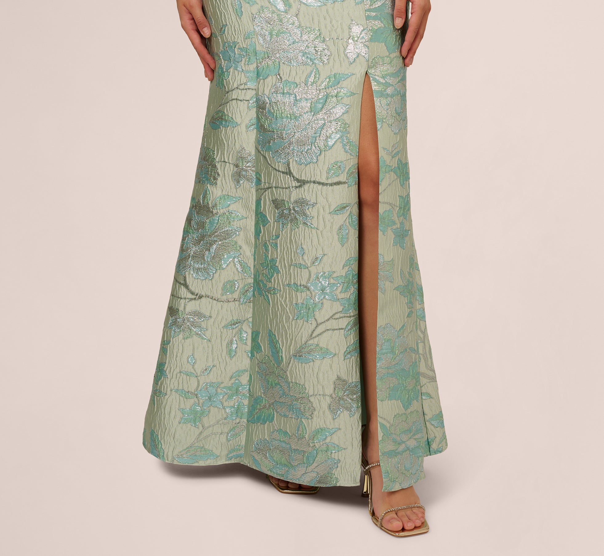 Elegant Off Shoulder Floral Jacquard Mermaid Gown in Icy Sage - Perfect for Prom, Evening Gala, and Formal Events