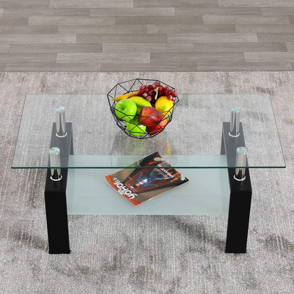 39.7 Inch Clear Glass Coffee Table for Living Room - Modern Rectangle Glass Coffee & Tea Table with Tempered Safety Glass - Perfect for Small Spaces, Apartments & Lounge Areas (39.7
