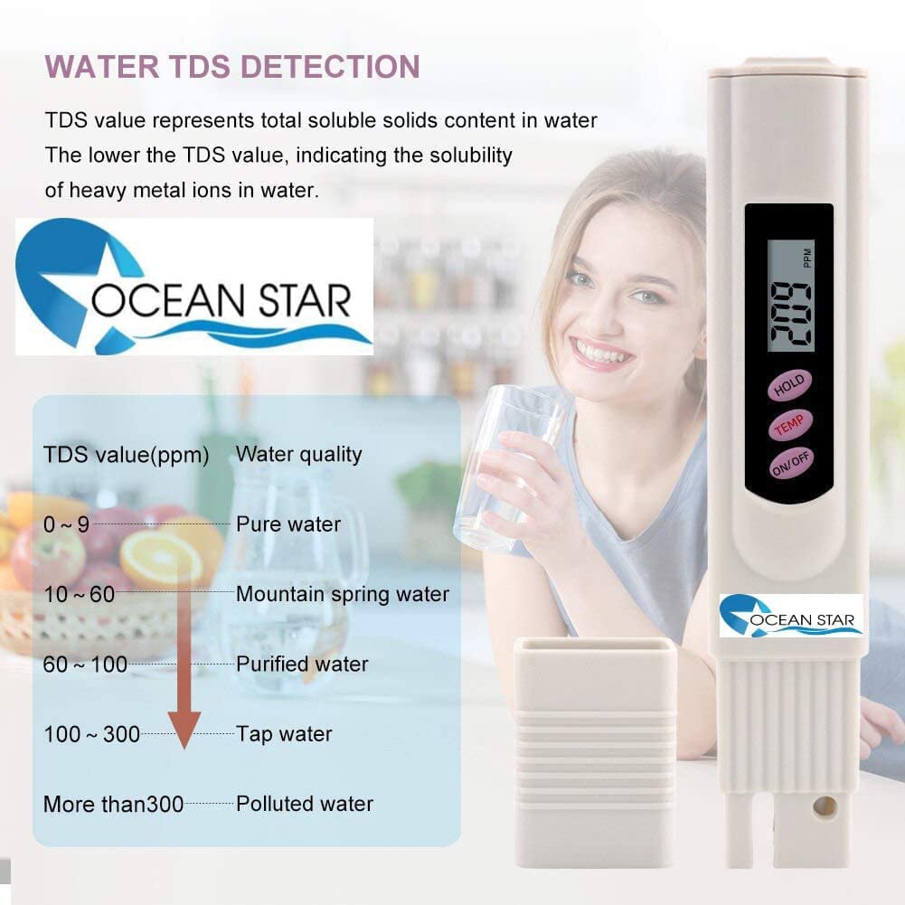 OCEAN STAR Digital LCD TDS Meter for RO Water Filter Testing - Includes Carry Case & pH 1-14 Test Strips | Accurate Water Quality Measurement for Drinking, Aquariums, and Hydroponics