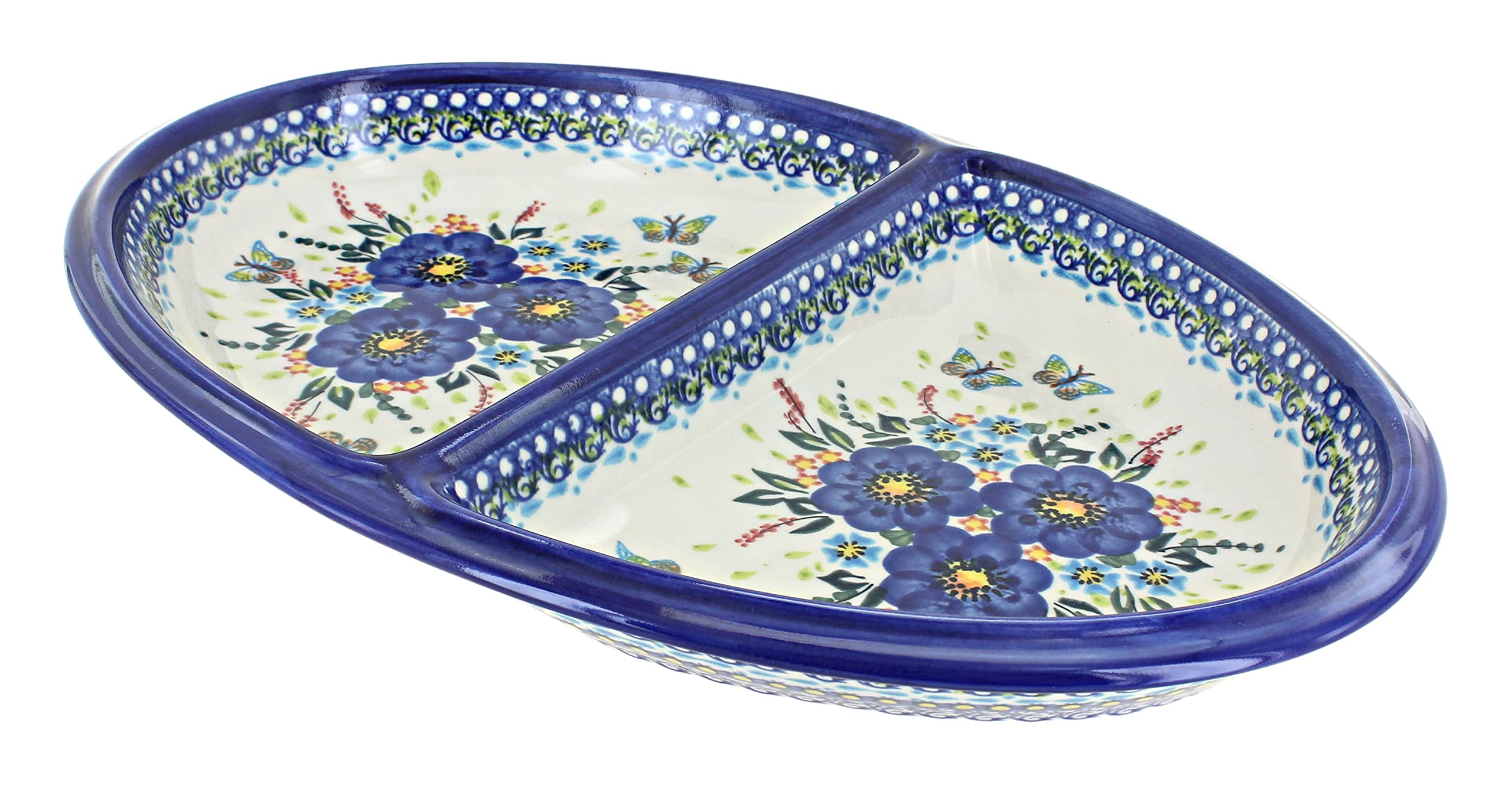 Blue Rose Polish Pottery Large Divided Serving Dish - Handcrafted Ceramic Platter for Appetizers, Cheese, Fruits & Desserts | Perfect for Parties, Weddings & Home Decor