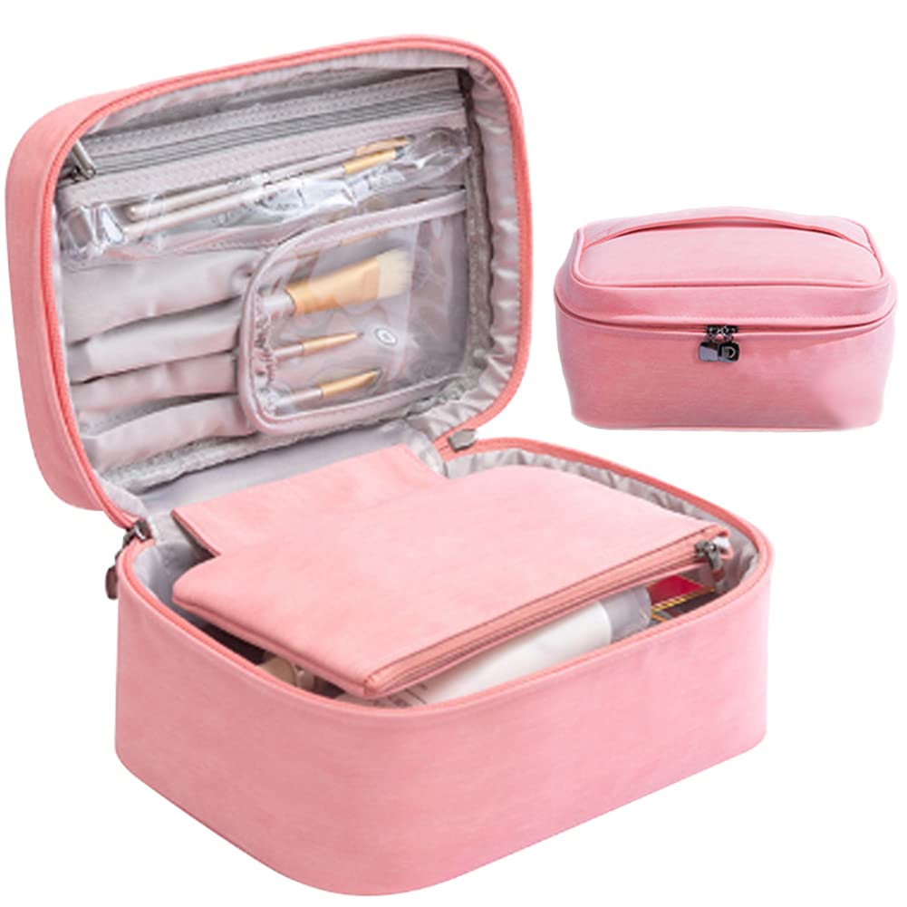 Large Travel Cosmetic Bag for Women with Brush Holder - Waterproof Makeup Organizer Pouch for Toiletries, Purse & Travel Essentials - Perfect for Girls, Reusable & Portable Storage (Pink) | Ideal for Vacation, Gym, Daily Use & On-the-Go Organization