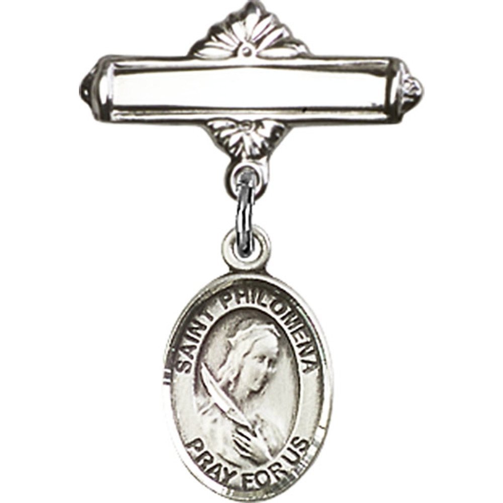 St. Philomena Sterling Silver Baby Badge with Polished Pin - 1 X 5/8 Inch Religious Jewelry for Christening, Baptism & First Communion Gifts