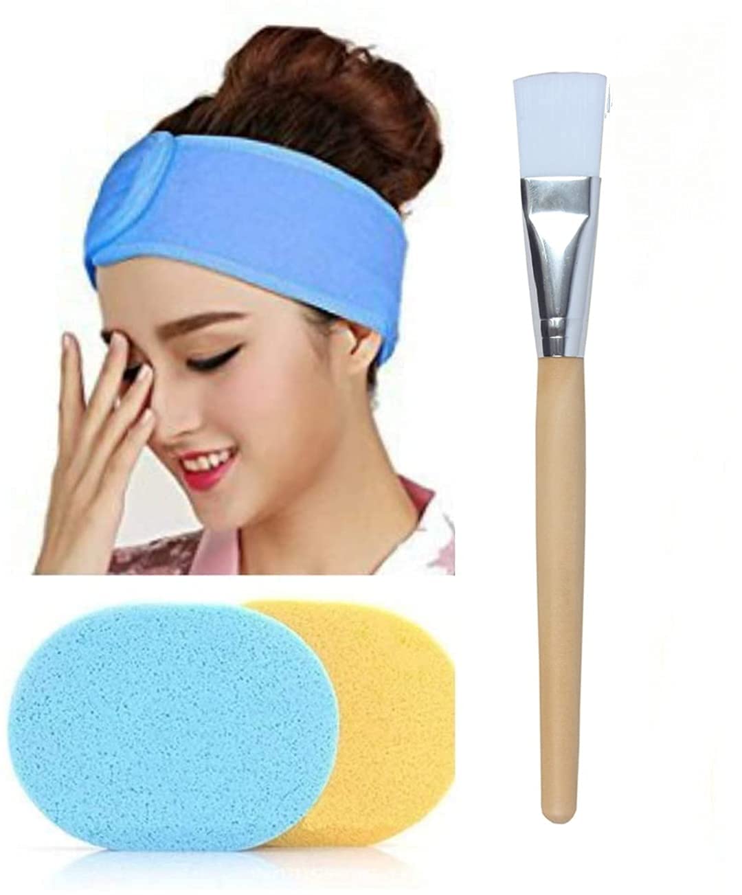 Tifurko Women's Facial Headband, Face Mask Brush & Cleaning Sponge Set - 1 Headband + 1 Sponge + 1 Brush (Random Color) | Perfect for Skincare Routine, Spa Day & At-Home Facial Treatments