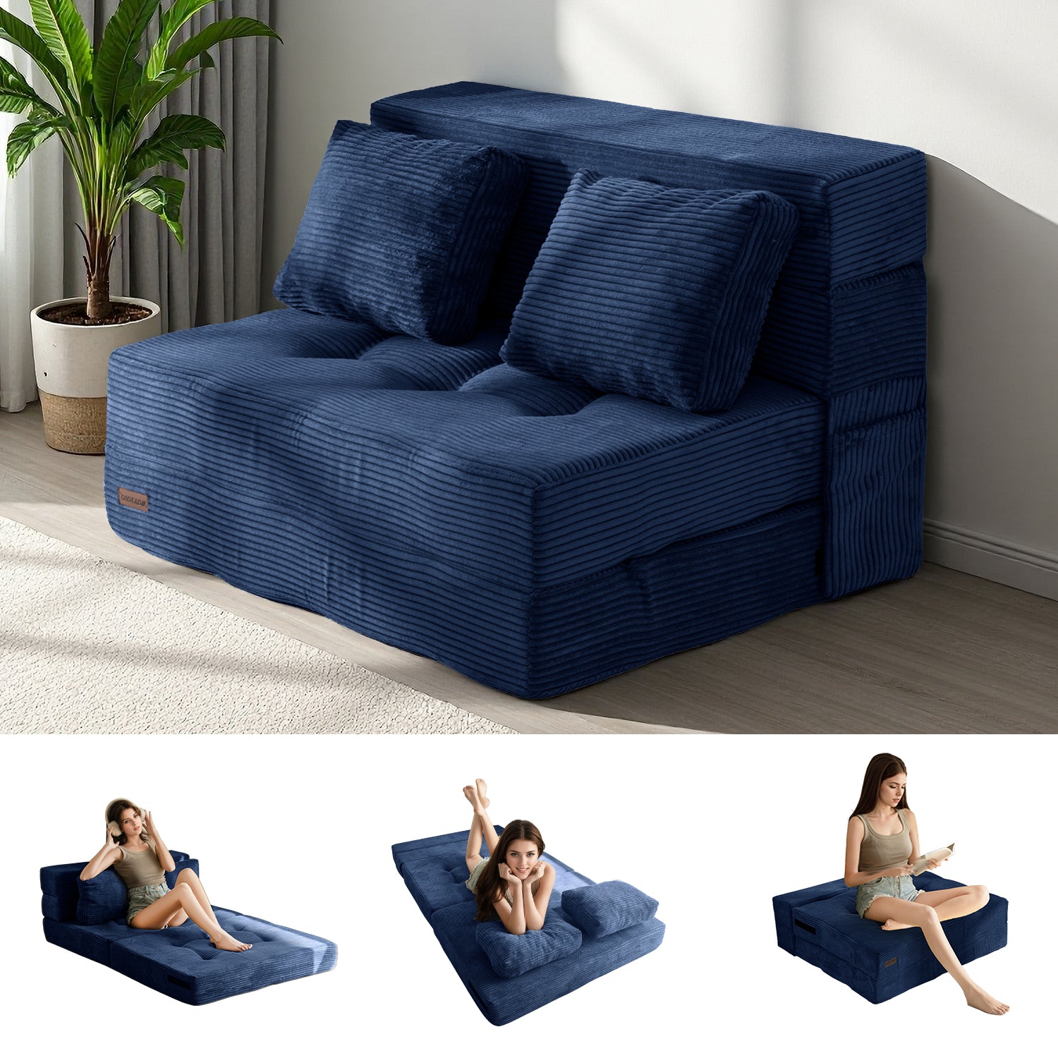 MAXYOYO 4-in-1 Convertible Sofa Bed Chair - Foldable Tufted Sleeper with Pillow, Navy Blue | Perfect for Small Spaces, Guest Rooms & Apartments