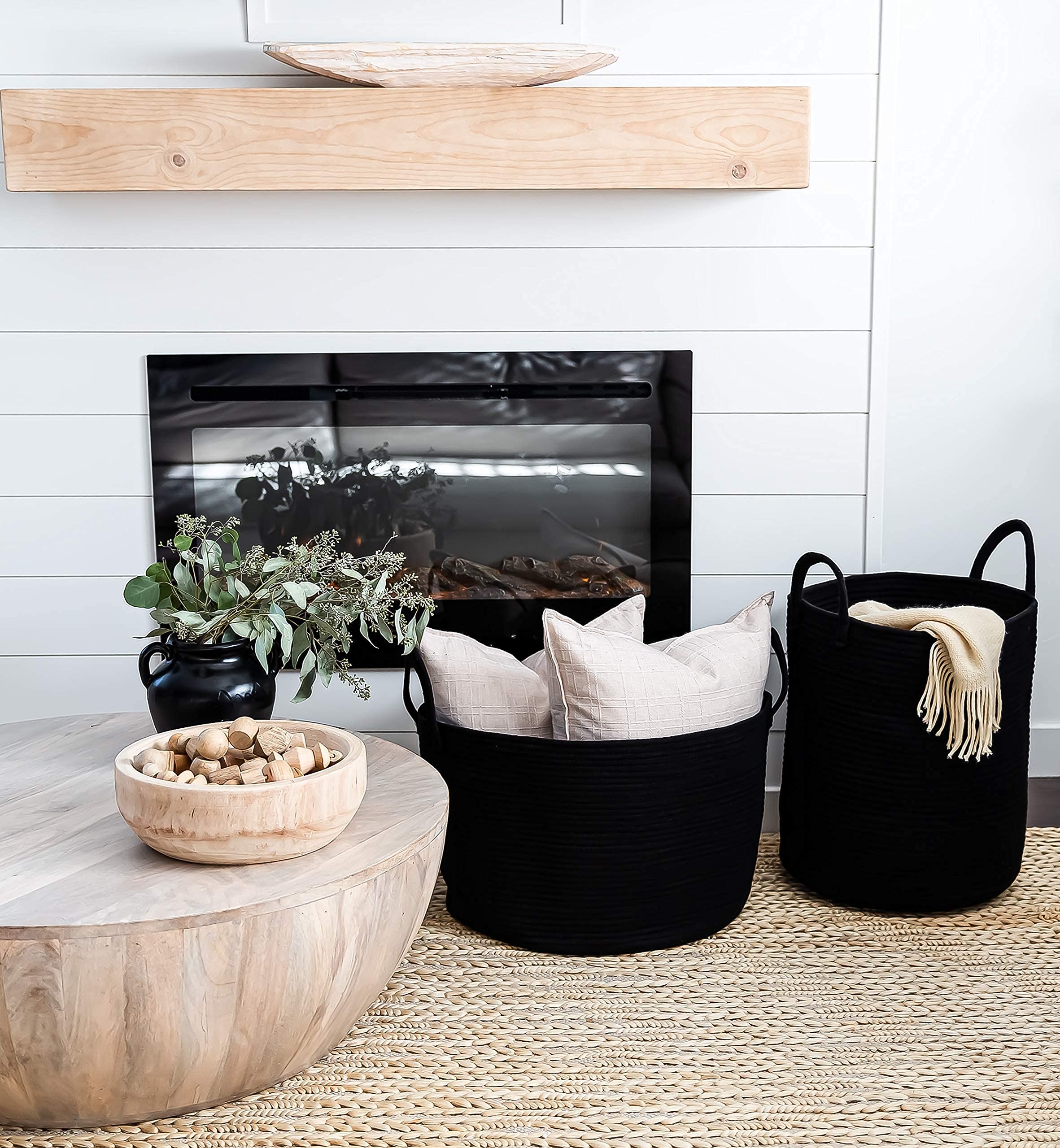 OrganiHaus Large Tall Black Rope Basket & Wide Rope Basket Set - Natural Fiber Storage for Home Organization - Perfect for Living Room, Bedroom, or Nursery Decor