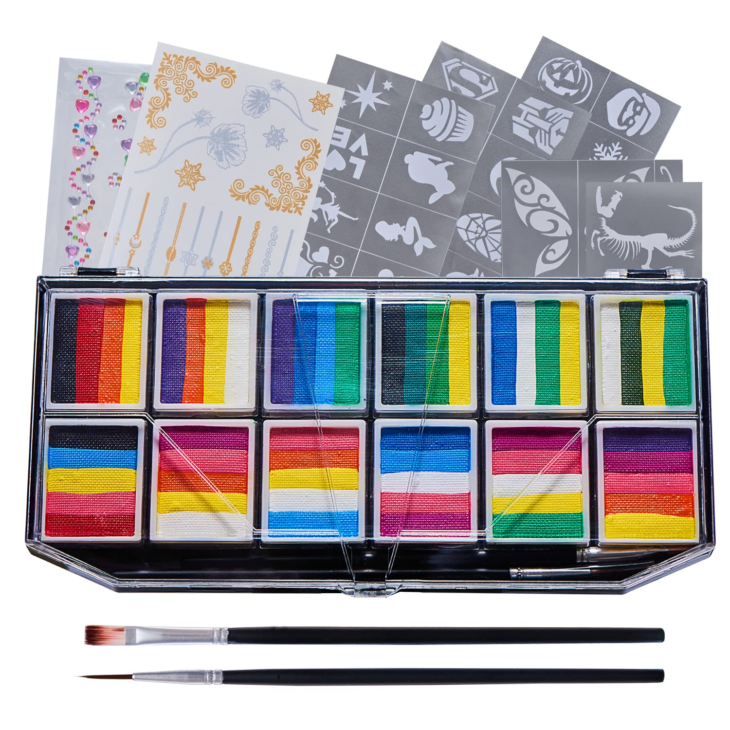 Shiyeen Professional Face Paint Kit - 12 Vibrant Split Cakes for Kids & Adults | Non-Toxic, Safe | Includes Brushes, Stencils & Tattoo Stickers | Perfect for Halloween, Cosplay, Birthday Parties & Face Painting Events