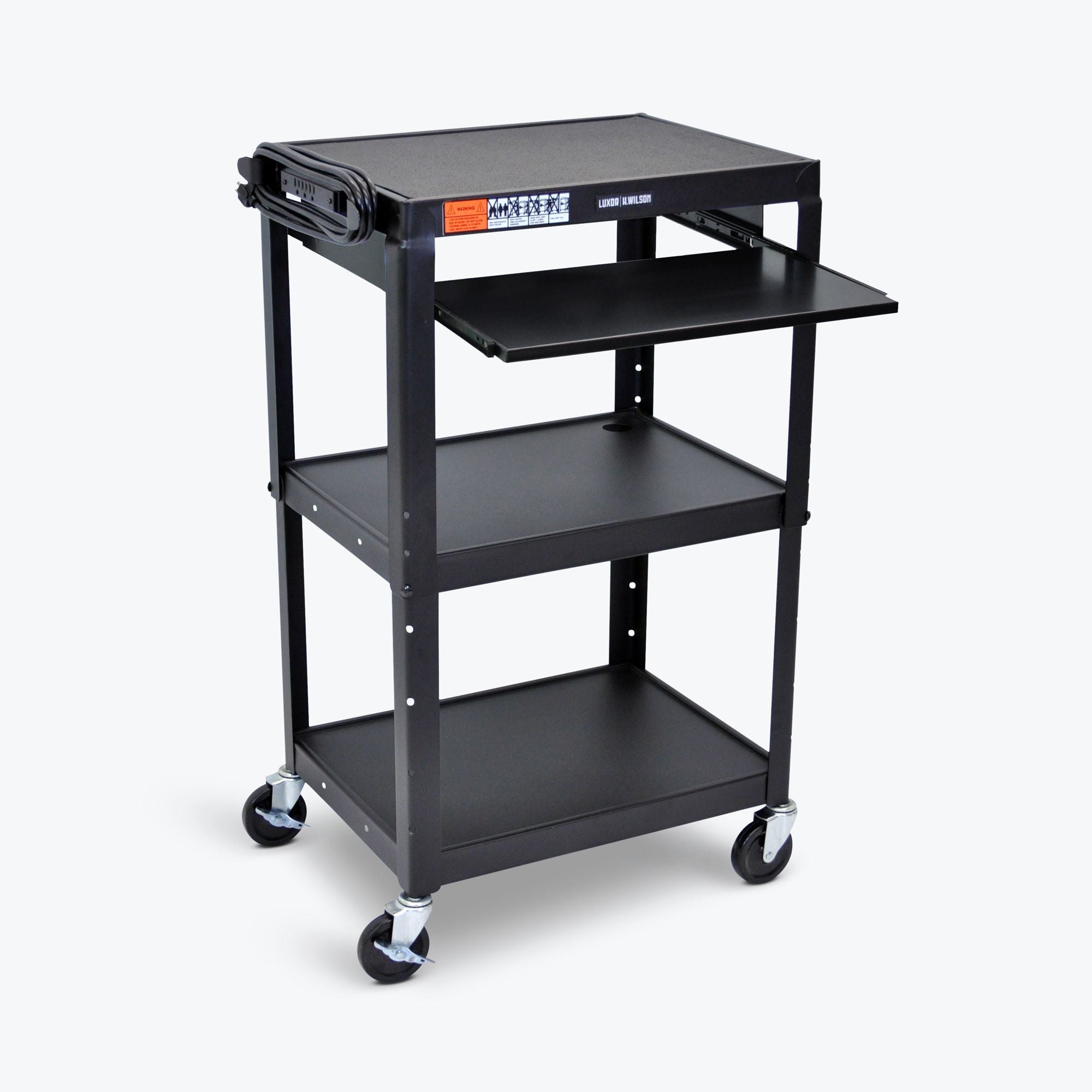 Adjustable Height Steel AV Cart with Pullout Tray - Mobile Media Stand for Classroom, Conference Room & Home Theater Organization