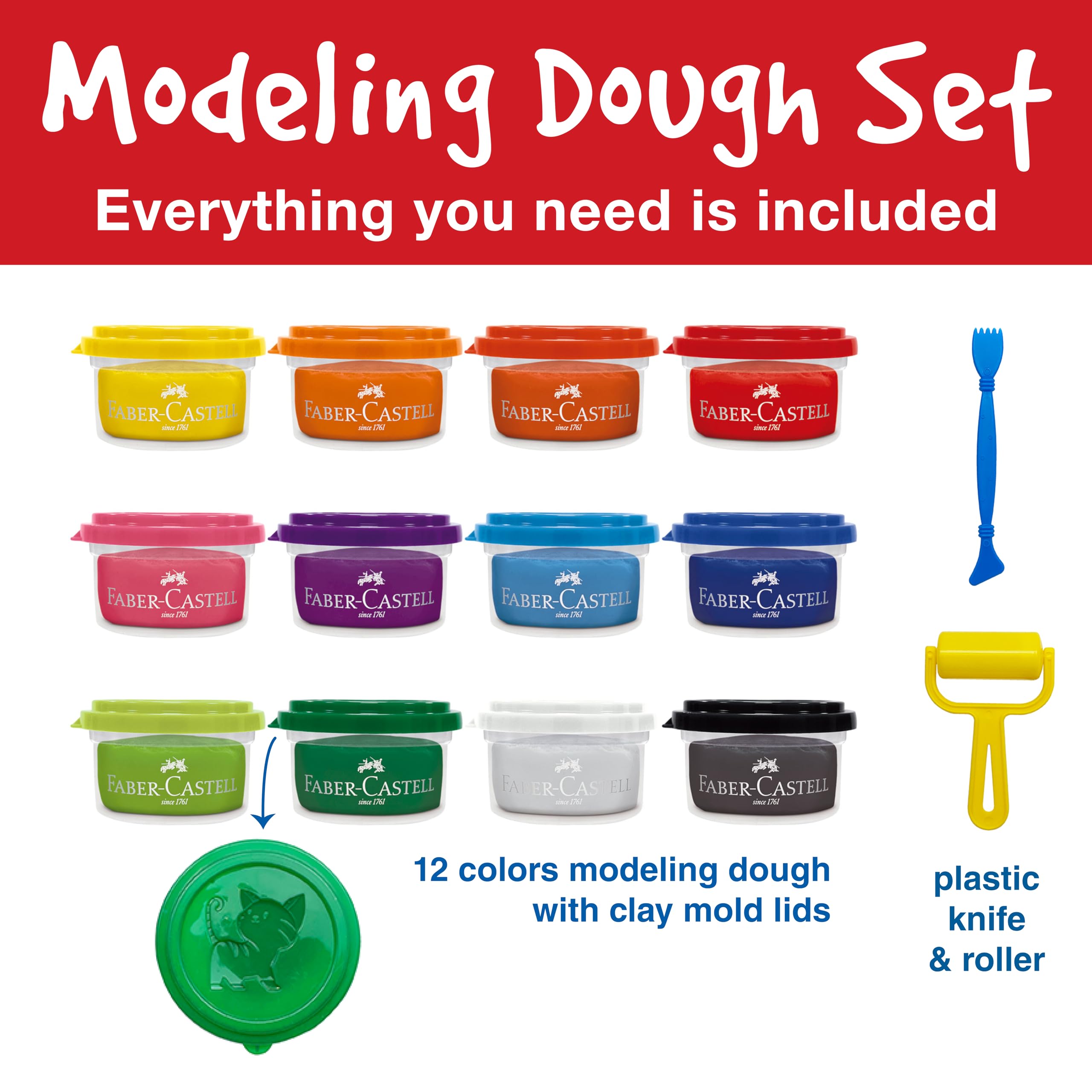 Faber-Castell Non-Toxic Playdough Kit - 12 Vibrant Colors (Classic & Neon) with Sculpting Tools | Safe & Soft Modeling Dough for Toddlers & Preschoolers Ages 3+ | Perfect for Creative Play, Sensory Development & Early Learning Activities