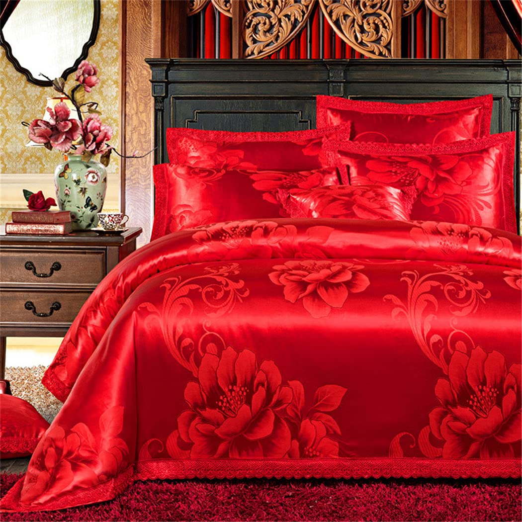 Luxury Jacquard Cotton King Queen Size Duvet Cover Set - White & Red Wedding Bedding Collection | Perfect for Master Bedroom, Bridal Suite, and Anniversary Gifts
