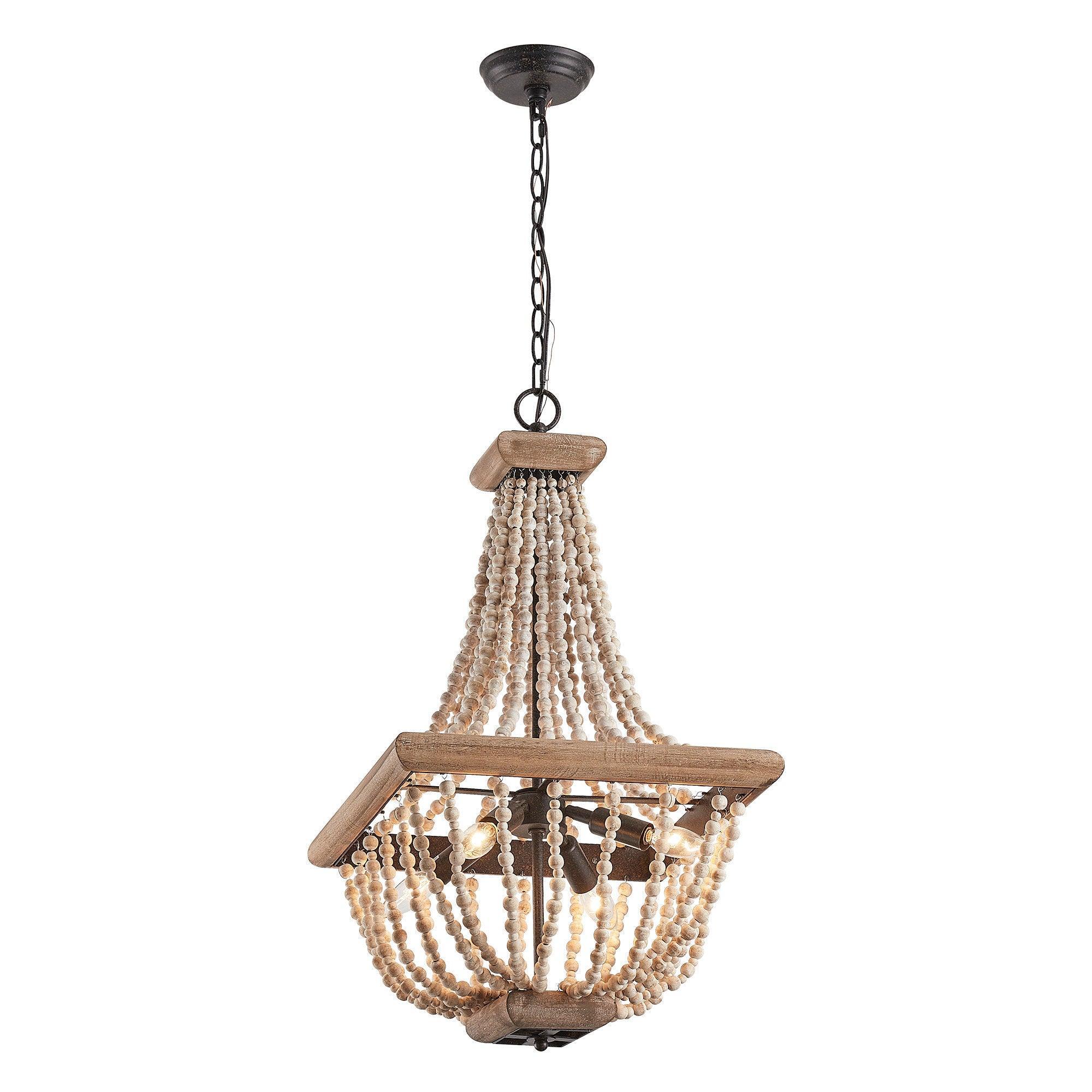 Regas 4-Light Wood Bead Candle Style Chandelier - Rustic Farmhouse Ceiling Light Fixture for Dining Room, Bedroom, or Living Room Decor