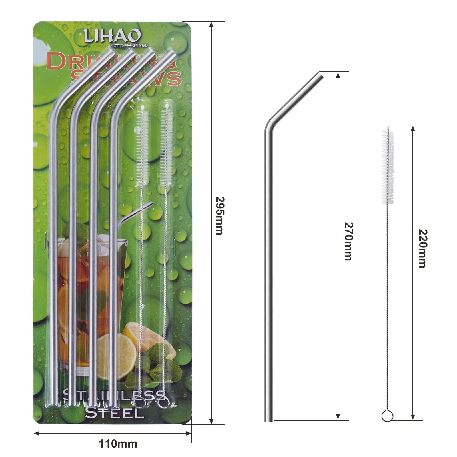 4 Extra Long Stainless Steel Straws for 30 OZ Tumbler Cups - Reusable Metal Drinking Straws with 2 Cleaning Brushes - Perfect for Smoothies, Iced Coffee & Travel Mugs