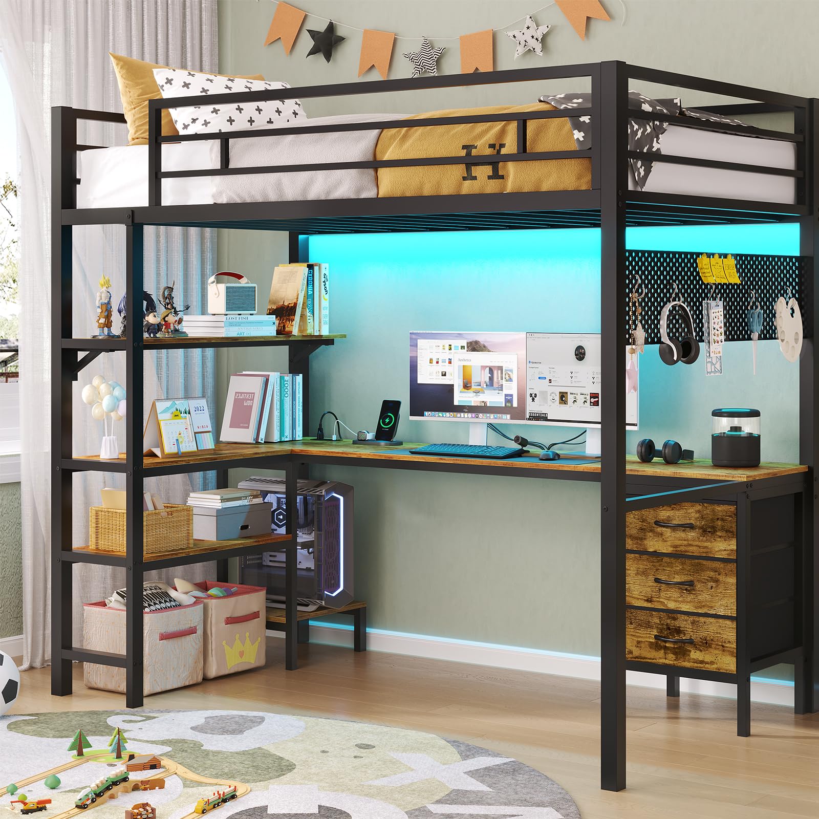 ADORNEVE Twin Size Loft Bed with L-Shaped Desk, LED Lights & USB Charging Station - Metal Bunk Bed with Storage Shelves, Fabric Drawers & 13.4