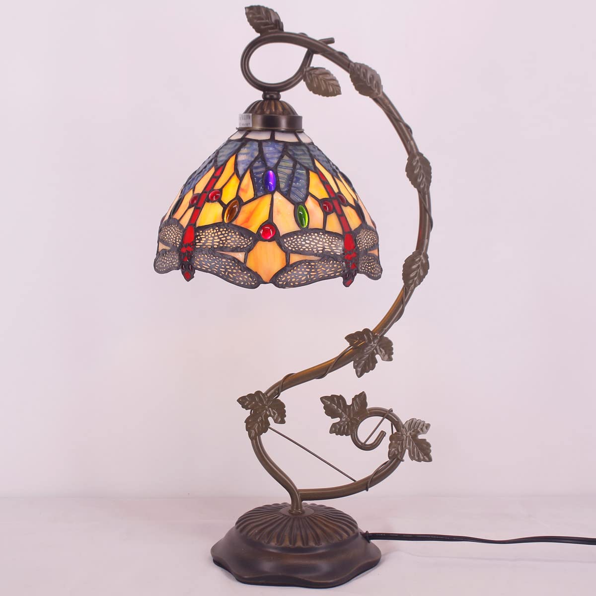 Tiffany Style Dragonfly Stained Glass Table Lamp with Metal Leaf Base - Blue & Yellow Desk Light for Bedroom, Home Office, Living Room Decor (8x10x21 Inches, S168 Series) | Perfect for Small Spaces, Reading Nooks & Cozy Ambiance