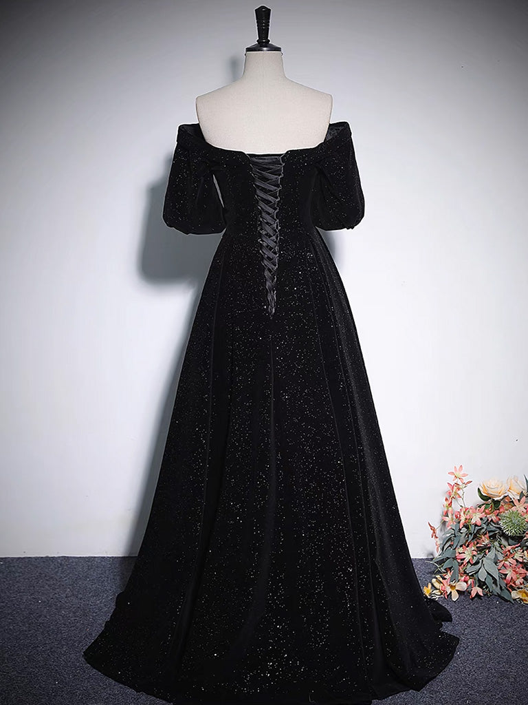 Elegant A-Line V-Neck Black Velvet Long Prom Dress for Women - Perfect for Formal Evening Gala, Homecoming, and Special Occasions
