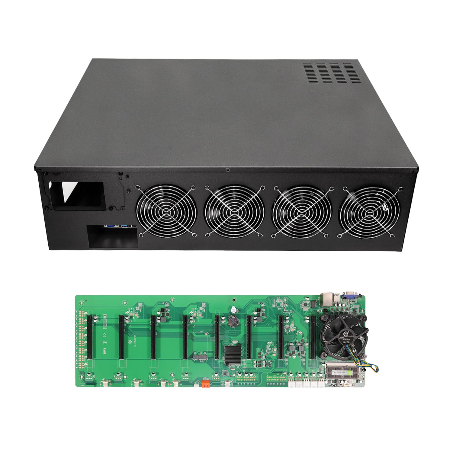 Durable Mining Rig Frame Case with Motherboard, CPU, 4GB RAM & 4X 120mm Fans - Supports 8 Adjustable Speed Fans & GPU for ETH/ETC/ZEC Mining (PSU & GPU Not Included) - Perfect for Crypto Mining Setup & Home Mining Rigs