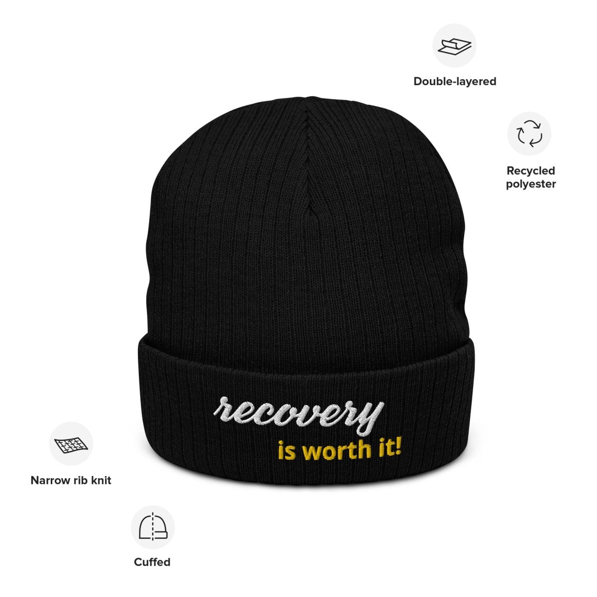Sustainable 'Recovery Is Worth It' Ribbed Knit Beanie - Eco-Friendly Winter Hat for Men & Women - Perfect for Cold Weather, Outdoor Activities & Casual Style