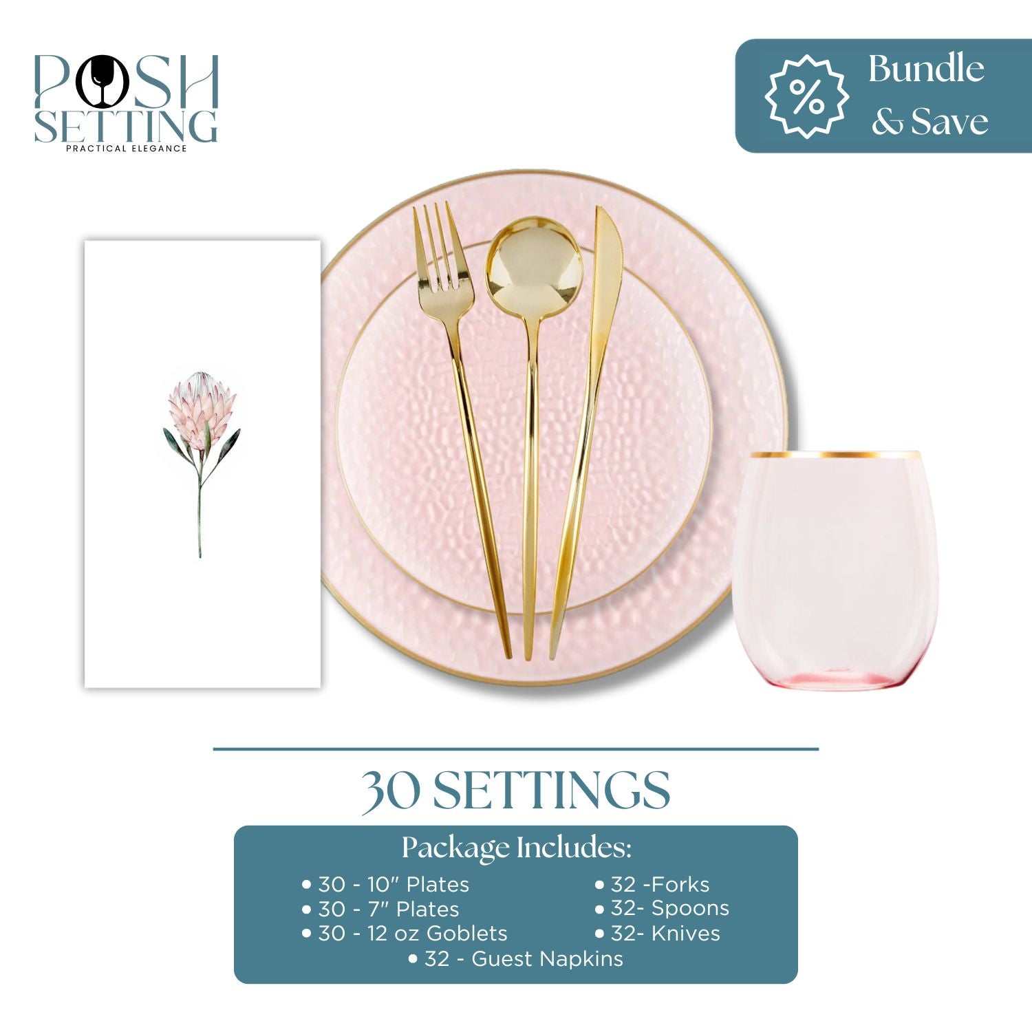 Pink and Gold Disposable Plastic Deluxe Party Bundle - Premium Organic Hammered Tableware Set for Weddings, Birthdays & Special Events