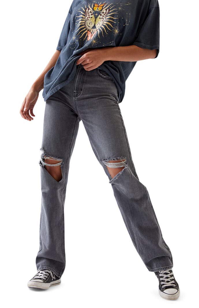 PacSun Women's Distressed Black Boyfriend Jeans - High Waist Stretch Denim for Casual Wear & Everyday Outfits
