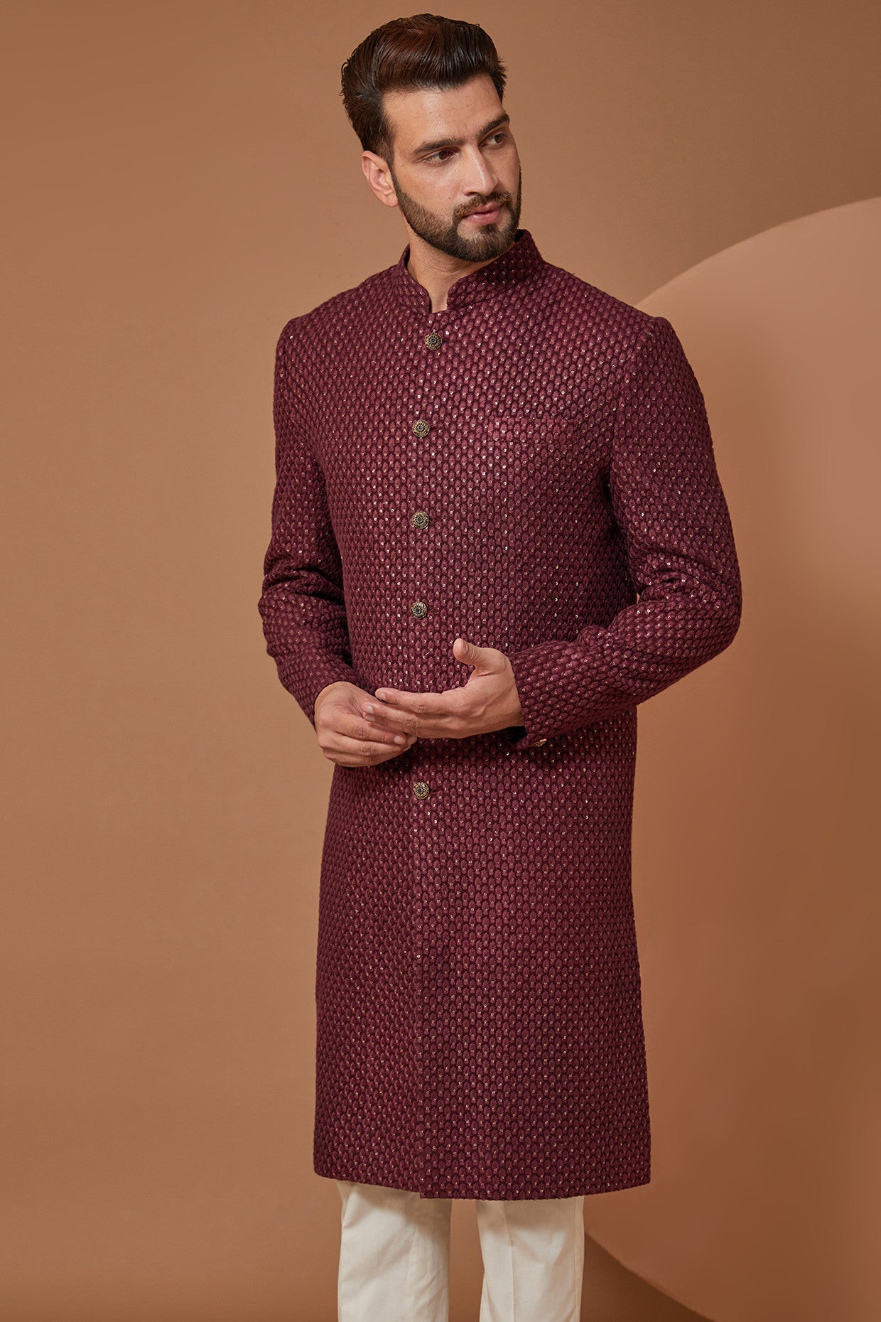 Elegant Maroon Wine Embroidered Sherwani for Men | Traditional Indian Wedding Attire | Perfect for Groom Outfit, Festivals & Special Occasions
