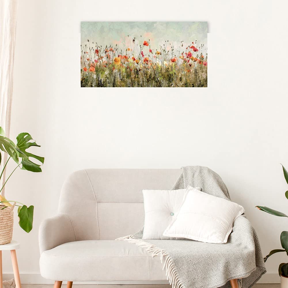 Poppy Parade Floral Canvas Wall Art - 40x21 Inch Hand-Painted Flower Painting for Bathroom & Living Room Decor - Modern Home & Office Wall Decor - Perfect Gift for Housewarming & Interior Design